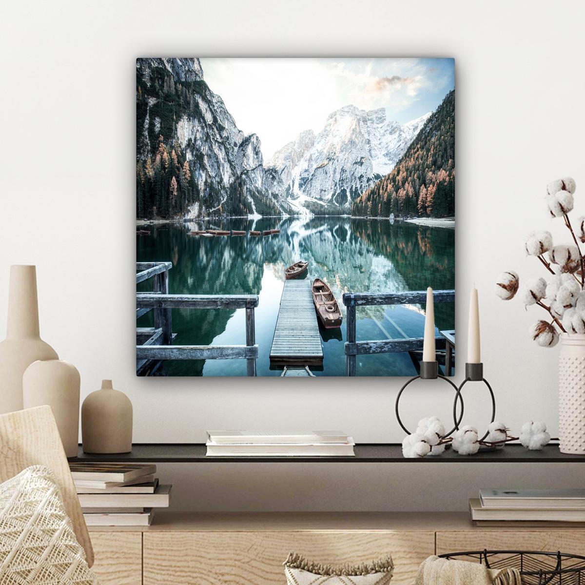 LEINWANDBILD Natur - Berge - Schnee - Wald - Boot Wandbild Wohnzimmer 50x50 cm - Hellgrün, Textil (50/50cm) - MuchoWow
