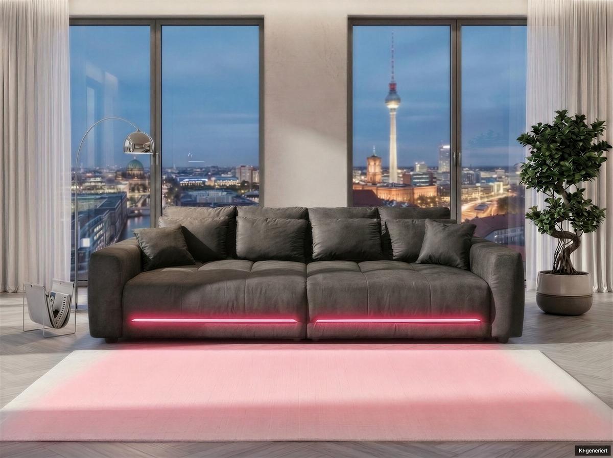 BIG-SOFA Federkern B294/T136/H86 cm, RGB-LED-Beleuchtung mit Fernbedienung, Mikrofaserstoff in Hellgrau / 15416 - Hellgrau/Schwarz, Kunststoff/Textil (294/86/136cm) - luma-home