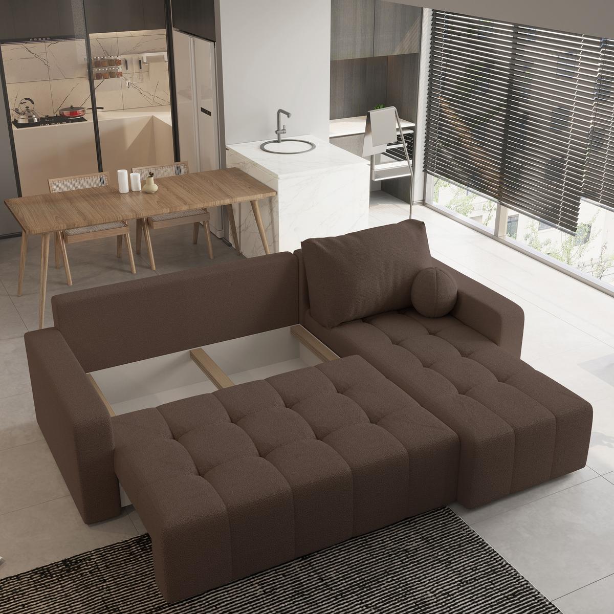 ECKSOFA VOLIRA Braun Boucle-Stoff mit Schlaffunktion - Braun, Holz (230/143cm) - MASSENO