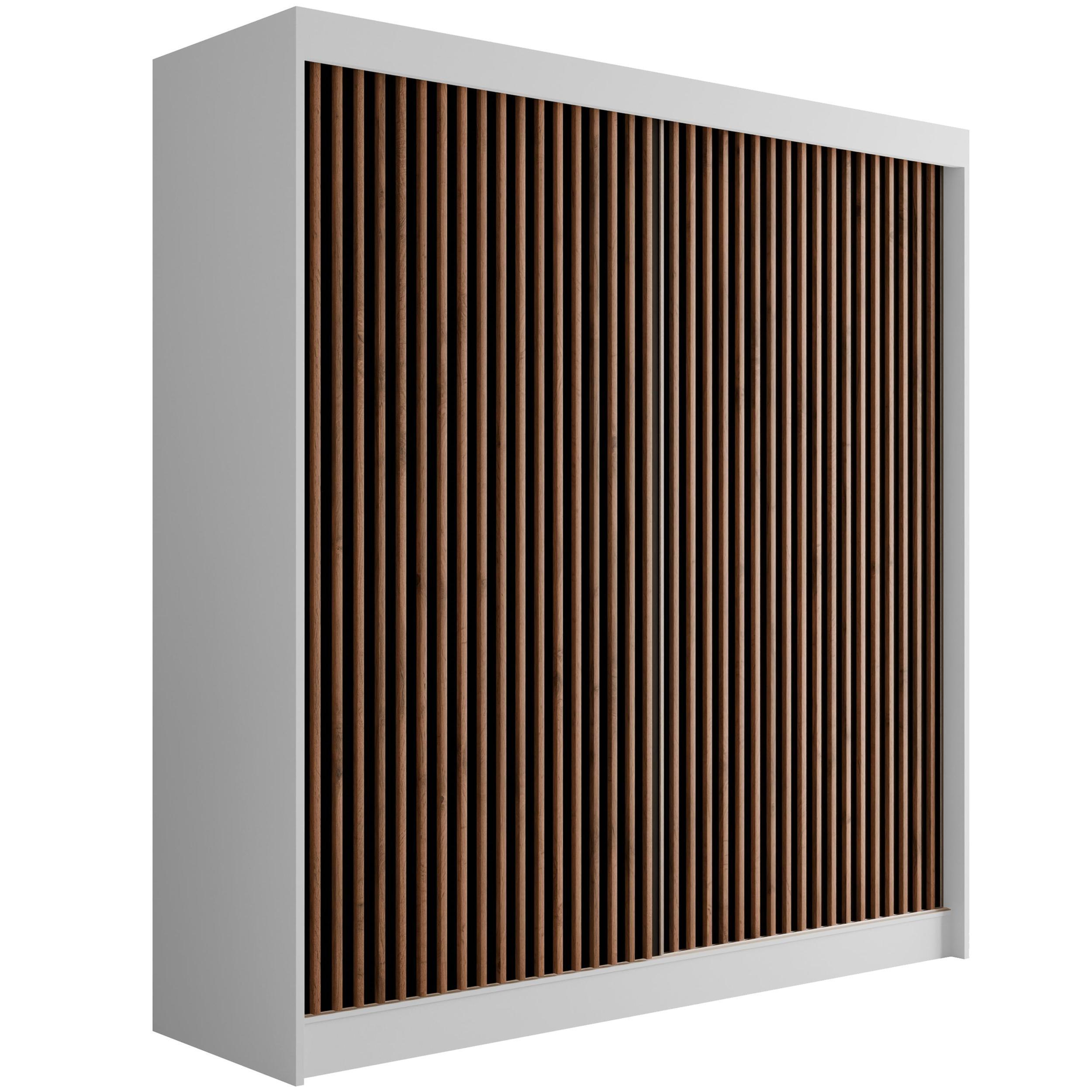 KLEIDERSCHRANK mit Lamel-Schiebetüren VILANv2 - 200 cm Weiß + Lamelle Eiche Wotan - Eiche Wotan/Weiß, Holzwerkstoff (200/215/61cm) - ALTDECOR