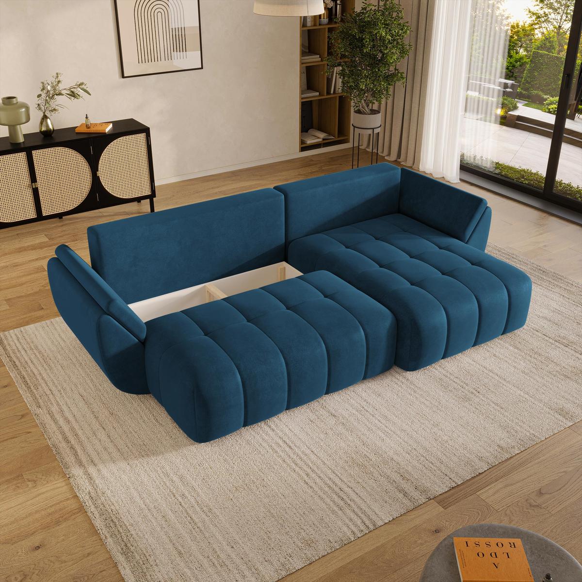 ECKSOFA OLSI Blau Velours-Stoff mit Schlaffunktion - Blau, Holz (285/148cm) - MASSENO