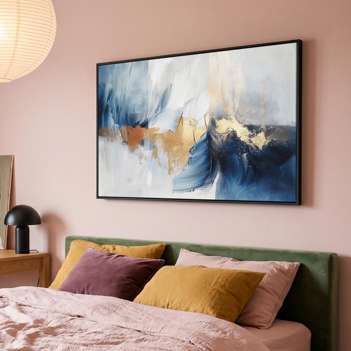 LEINWAND Bilder mit Rahmen - Gold - Blau - Aquarell - Kunst - Modern - 140x90 - Hellblau, Textil (140/90cm) - MuchoWow
