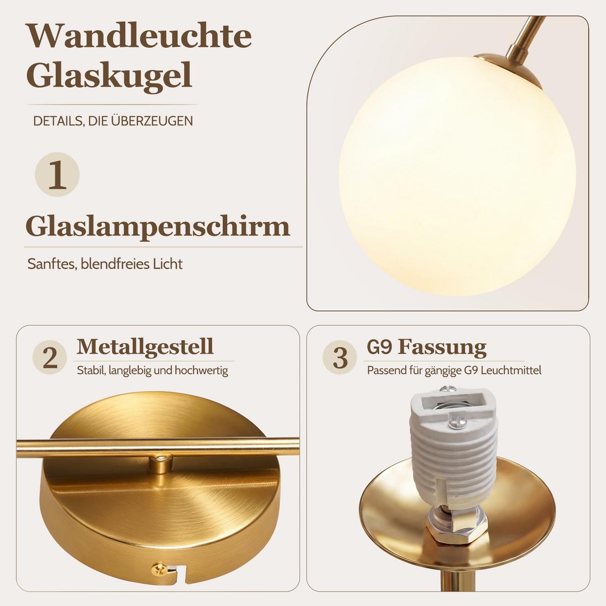 WANDLEUCHTE Myveth 26/15/47 cm - Goldfarben/Weiß, Glas/Metall (15/47/26cm) - ZMH