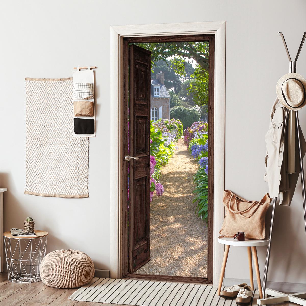 TÜRAUFKLEBER Ansicht - Hortensie - Tür - Blumen - Natur 80x215 cm - Türtapete - Beige, Kunststoff (80/0.1cm) - MuchoWow