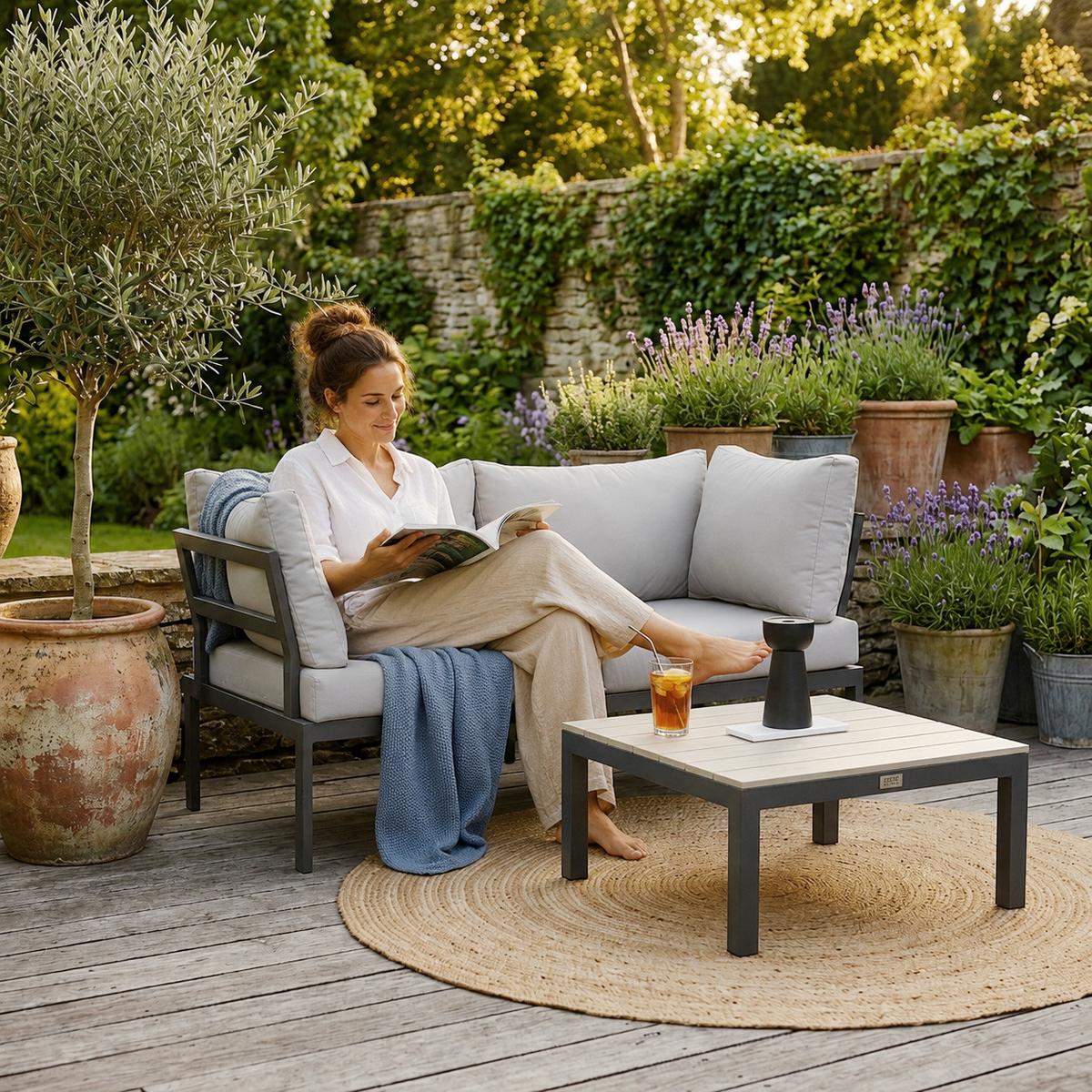 GARTENSET Santorini modulares Ecksofa mit Couchtisch, verzinkter Stahl, für 2 Personen - Hellgrau, Metall - Beautysofa