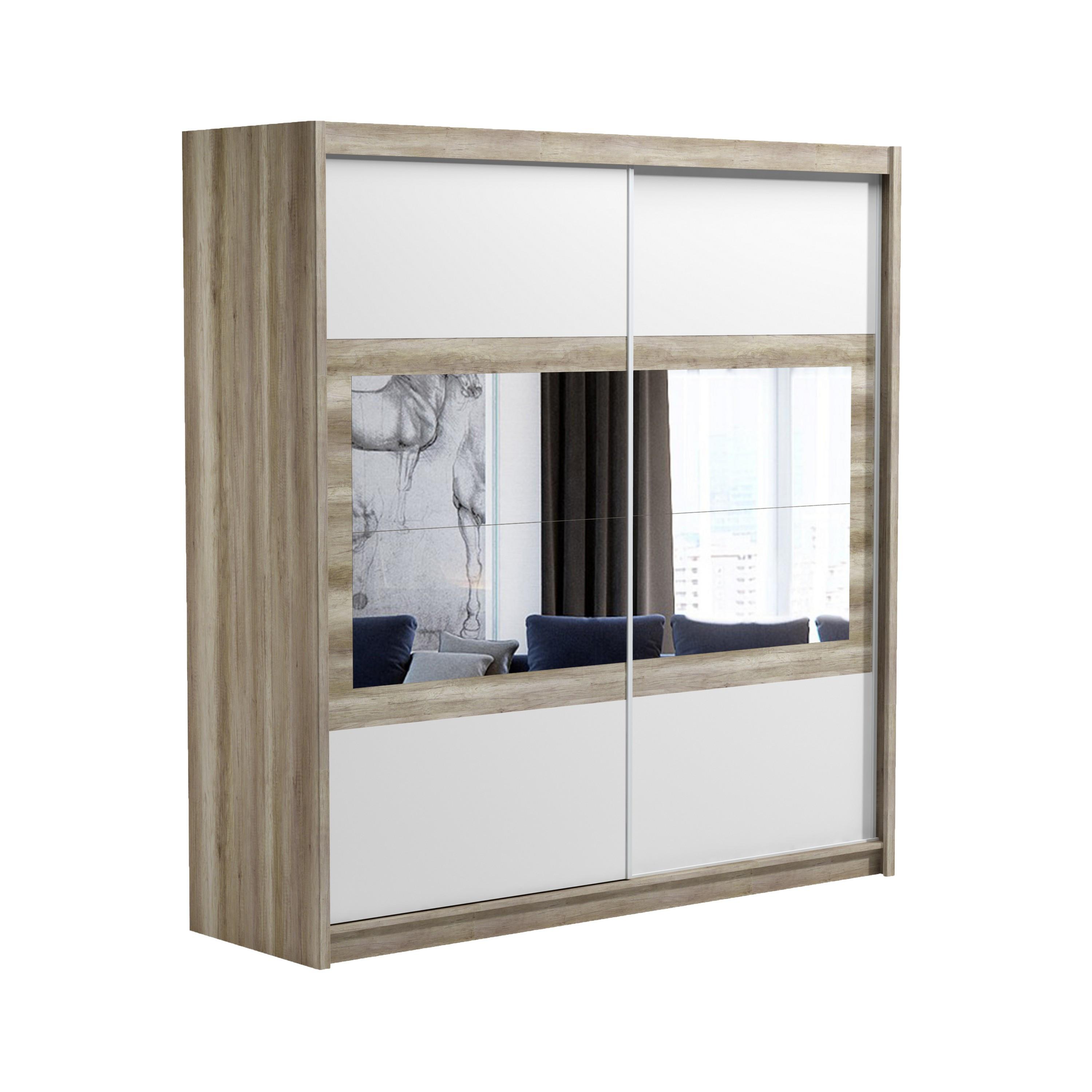 SCHWEBETÜRENSCHRANK POPPY 203/215/61 cm 2-türig mit Spiegel Eichefarben - Eichefarben/Weiß, Holzwerkstoff (203/215/61cm) - MASSENO