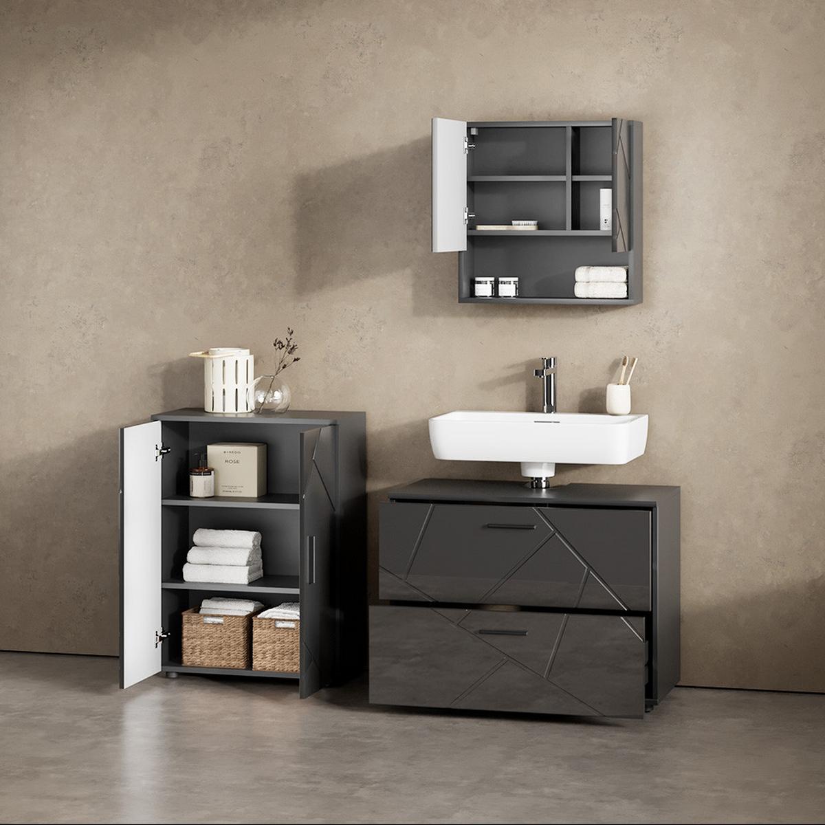 BADMÖBEL-SET Ronco Anthrazit Hochglanz 3 Teile, mit Unterschrank 80 cm - Schwarz Hochglanz, Holzwerkstoff (80/58/41cm) - Livinity®