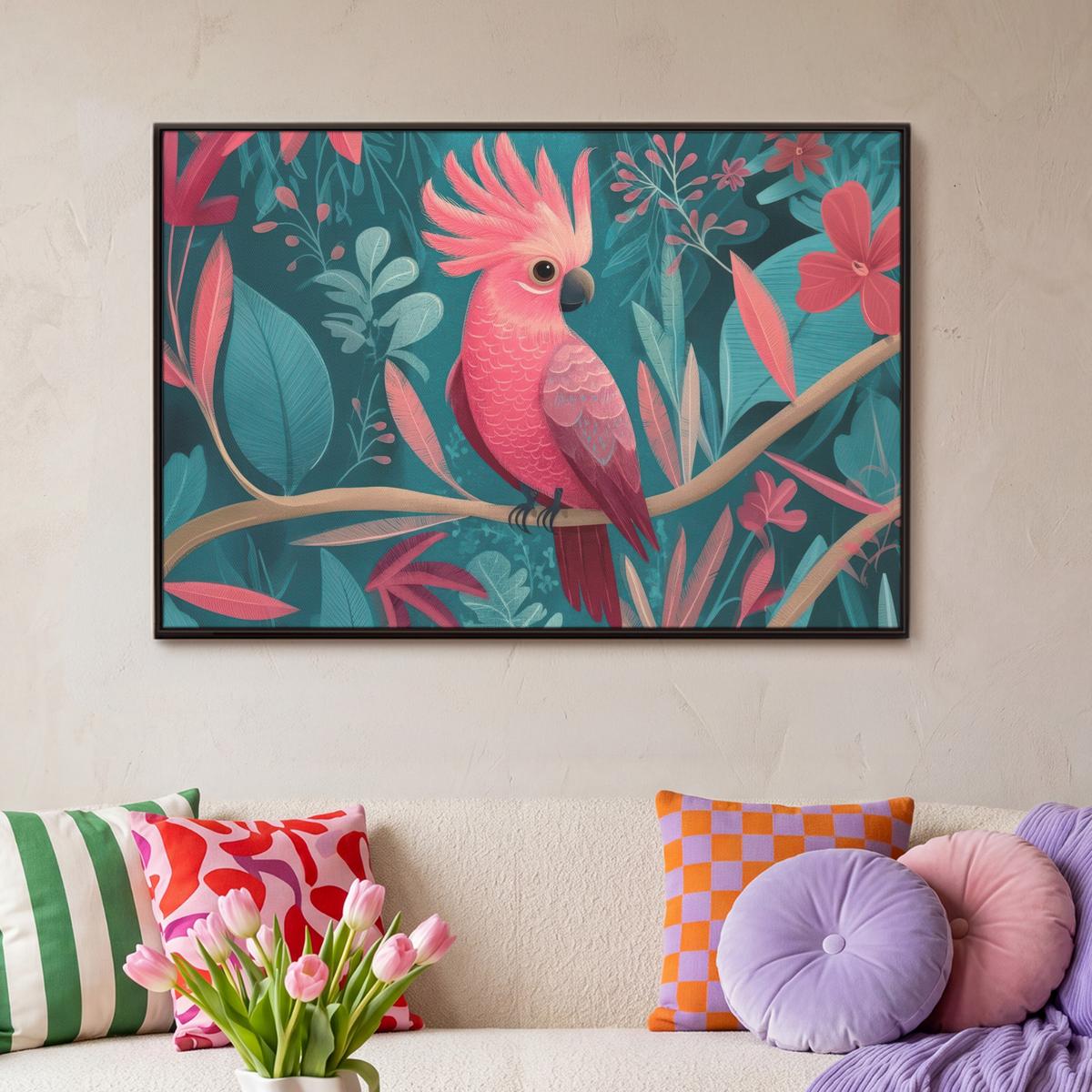 LEINWAND Bilder mit Rahmen - Kakadu - Tropische Blätter - Zweig - 90x60 - Petrol, Textil (90/60cm) - MuchoWow