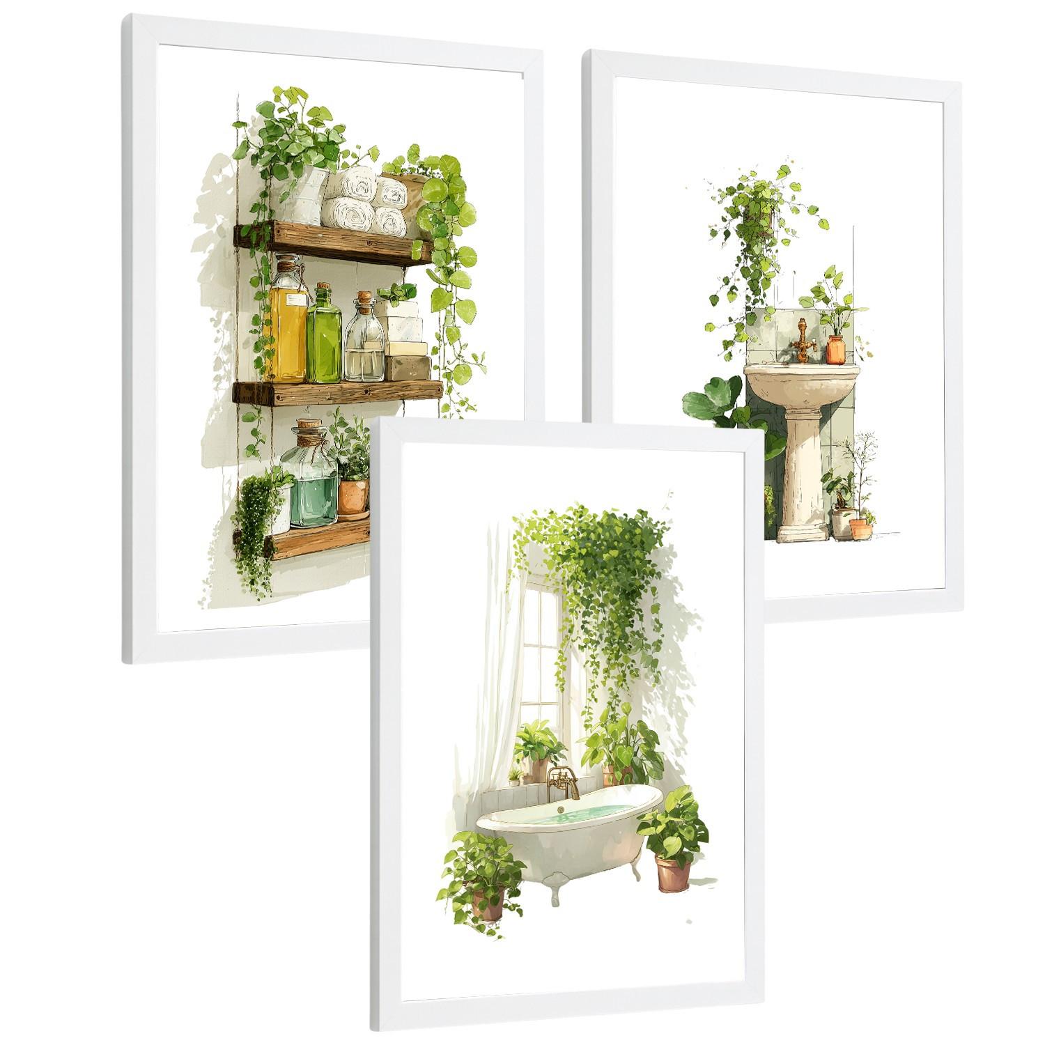 POSTER 3er-Set dekorative Badezimmerbilder, Wanddeko, im botanischen Stil, für Toilette, grüne Pflanzen Weißer Rahmen A3 - Weiß, Papier (42/29.7/3cm) - Nacnic