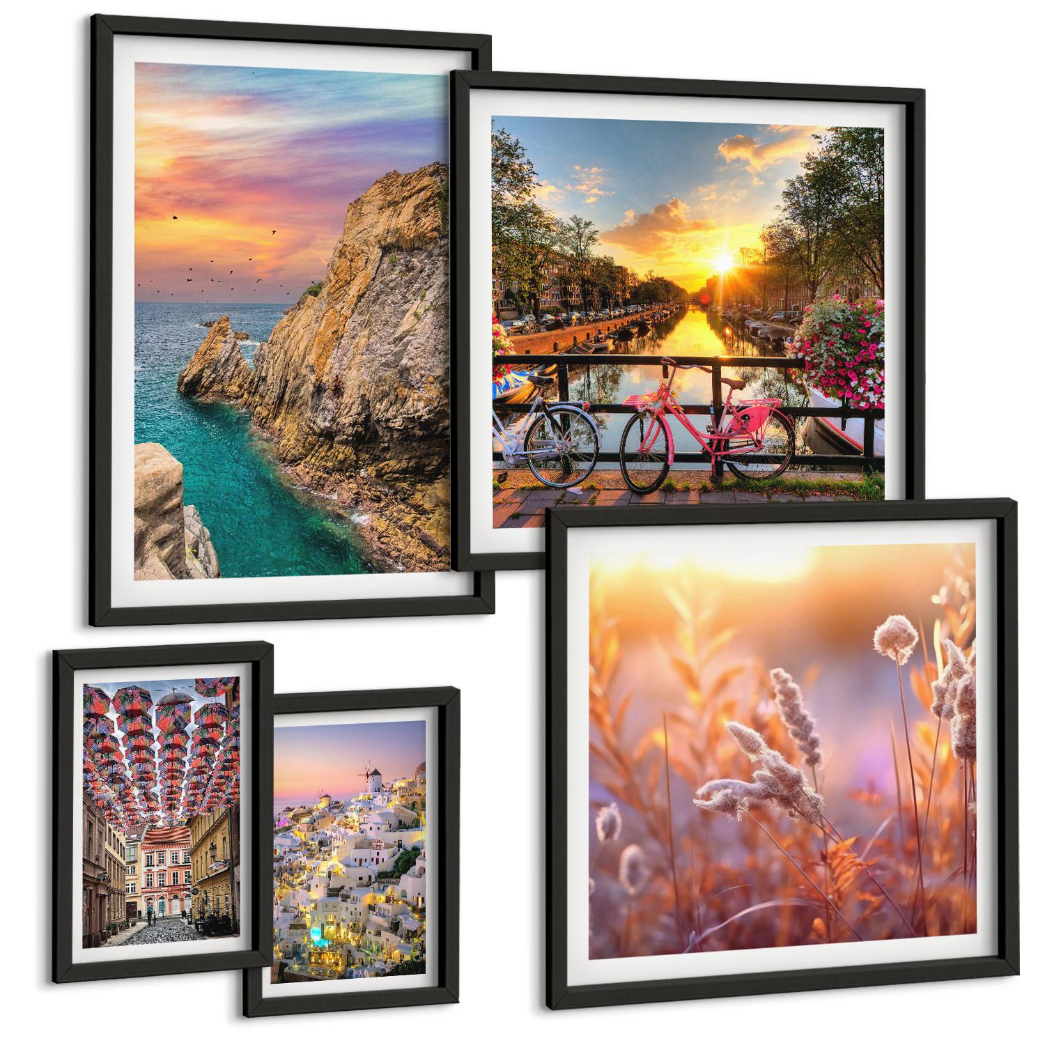 BILDER SET 5er Set - 50x50 cm & 20x30 cm & 40x60 cm Schwarzer Rahmen - Sonnenuntergänge am Meer - Schwarz, Kunststoff (40/60cm) - TULUP