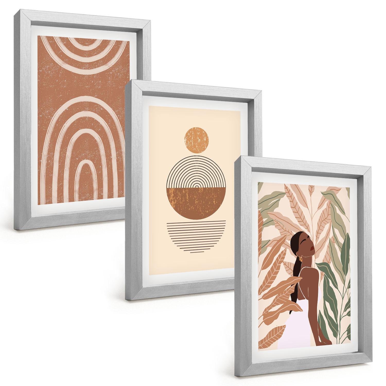 BILDER SET 3er Set - 20x30 cm Silberner Rahmen - Stilvolle Pflanzenmuster und Geometrie - Silberfarben, Kunststoff (20/30cm) - TULUP