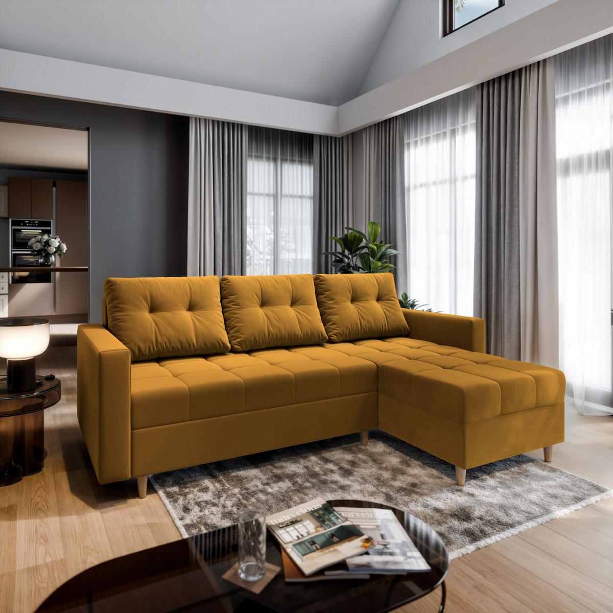 ECKSOFA MILO L Gelb Plüsch-Stoff mit Schlaffunktion - Gelb/Braun, Holz/Textil (220/140cm) - MASSENO
