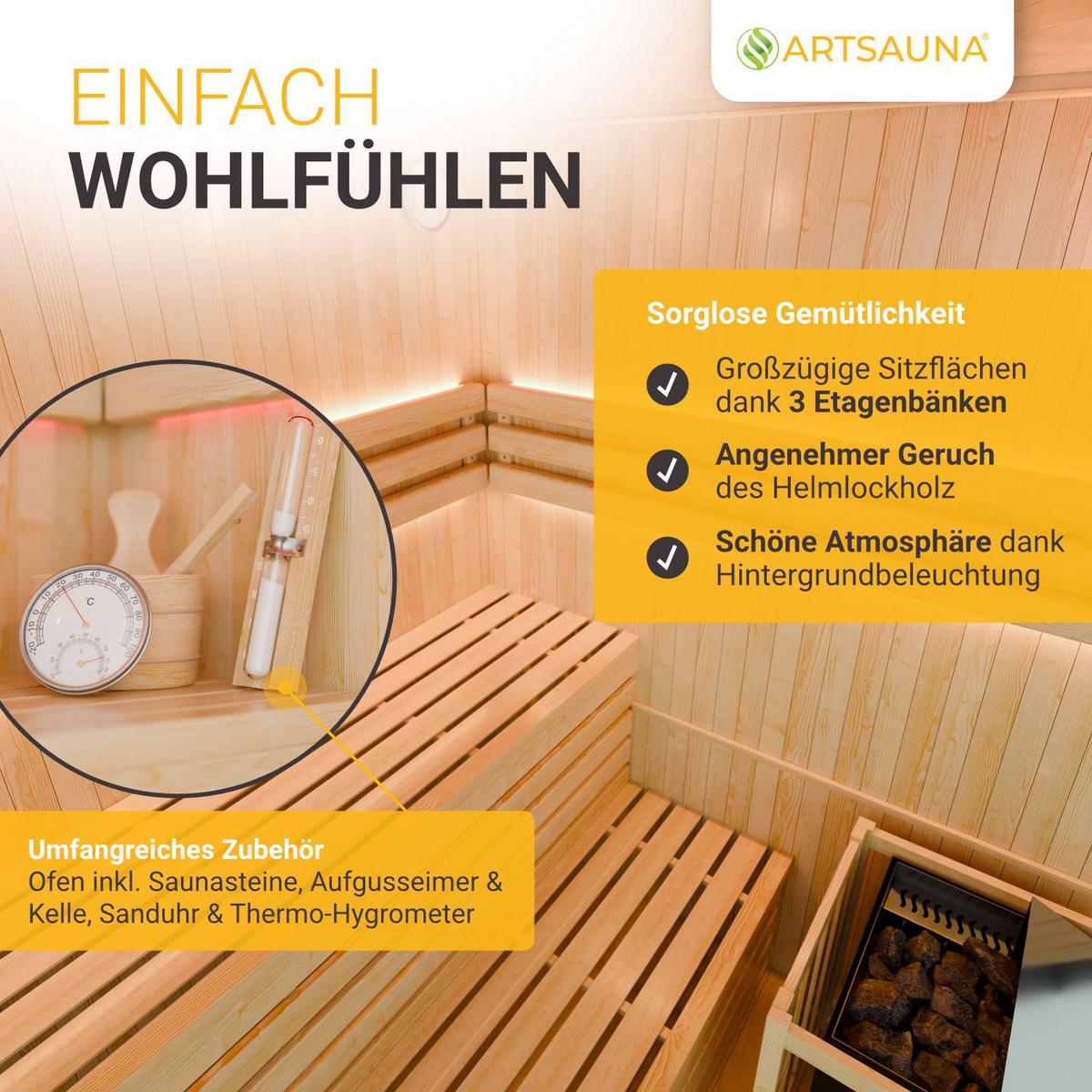 SAUNAKABINE Finnische Sauna Espoo150 Premium - Naturfarben, Holz (150/200/150cm) - Artsauna