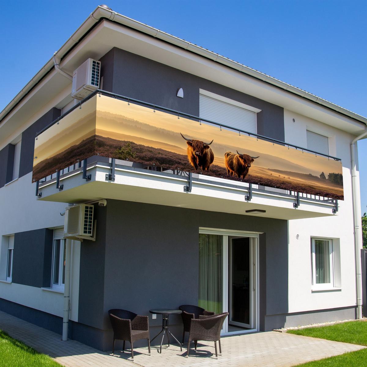 BALKON-SICHTSCHUTZ Schottische Hochlandbewohner - Heide - Landschaft - Tiere Groß 500x80 cm - Cognac, Kunststoff (500/80cm) - MuchoWow