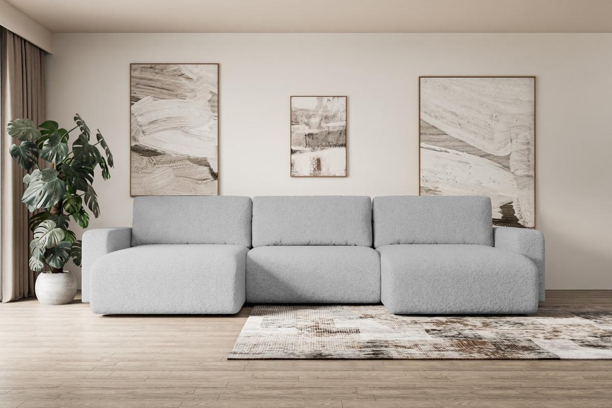 WOHNLANDSCHAFT mit Schlaffunktion und Bettkasten KLEEA-U - 347x143x83 cm Hellgrau Bouclé - Hellgrau/Schwarz, Holzwerkstoff/Kunststoff (347/83/143cm) - ALTDECOR