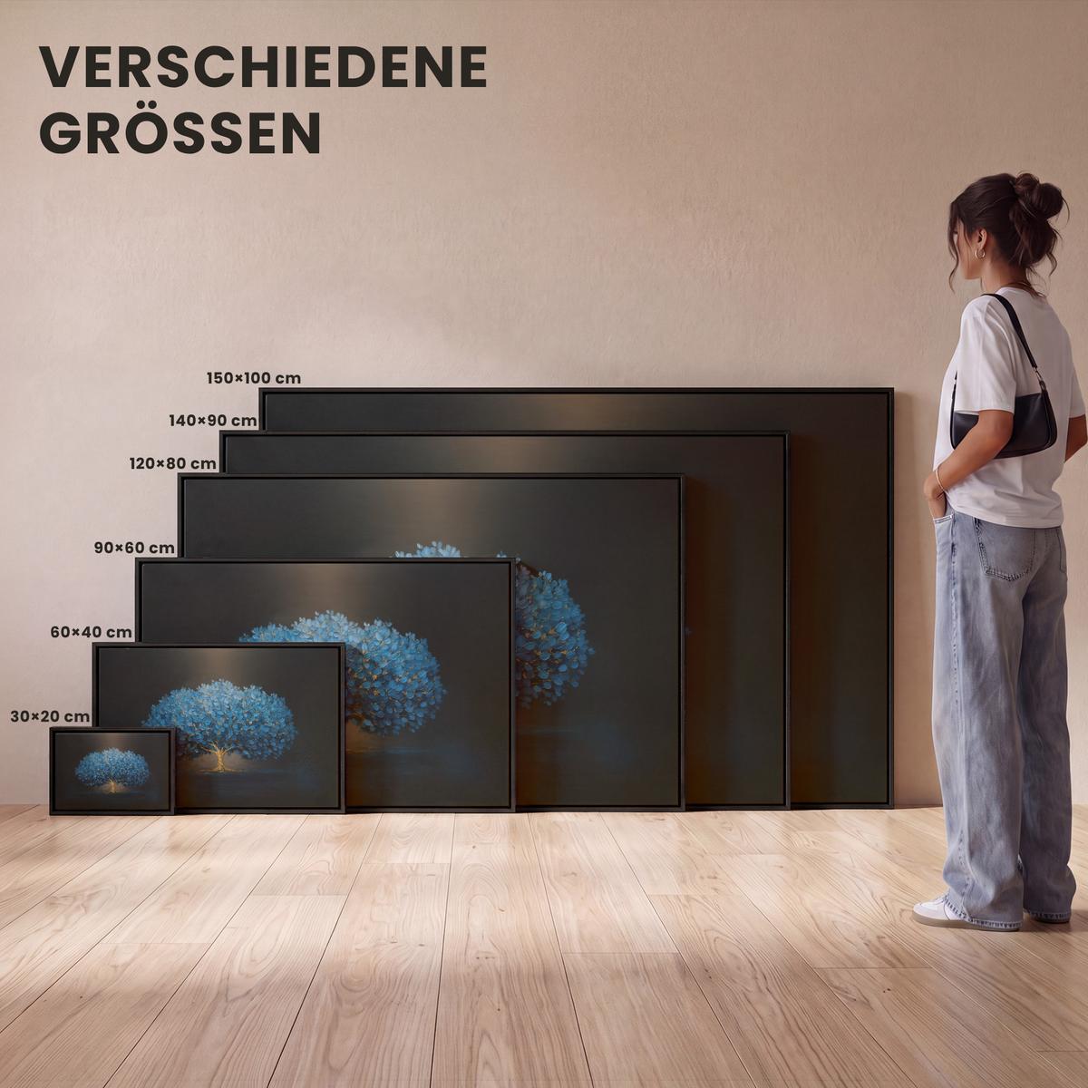 LEINWAND Bilder mit Rahmen - Baum - Blau - Blätter - Pinselstriche - 90x60 - Blau, Textil (90/60cm) - MuchoWow