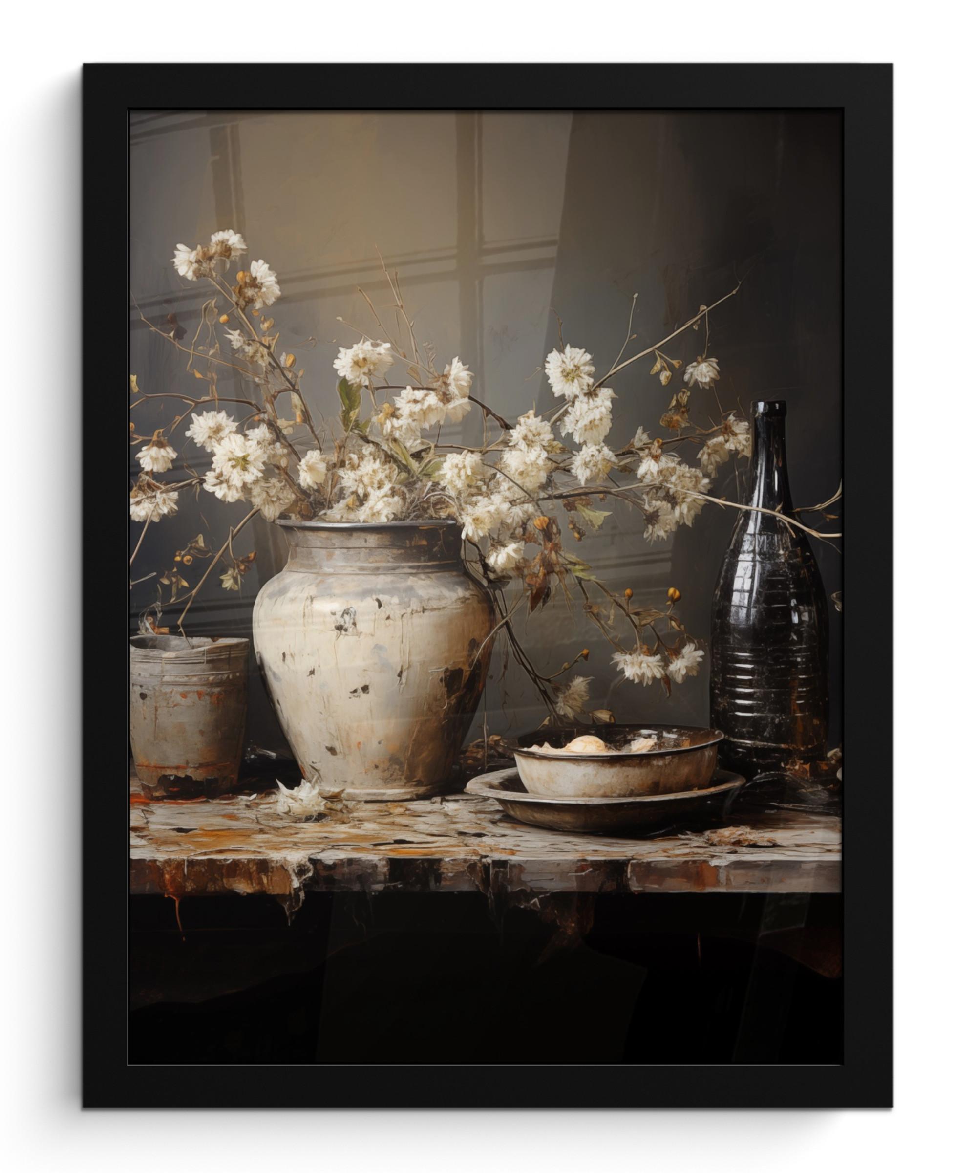 POSTER MIT RAHMEN Stilleben - Blumen - Blumenstrauß - Vase - Wein Bilderrahmen 30x40 cm - Schwarz, Papier (30/40cm) - MuchoWow