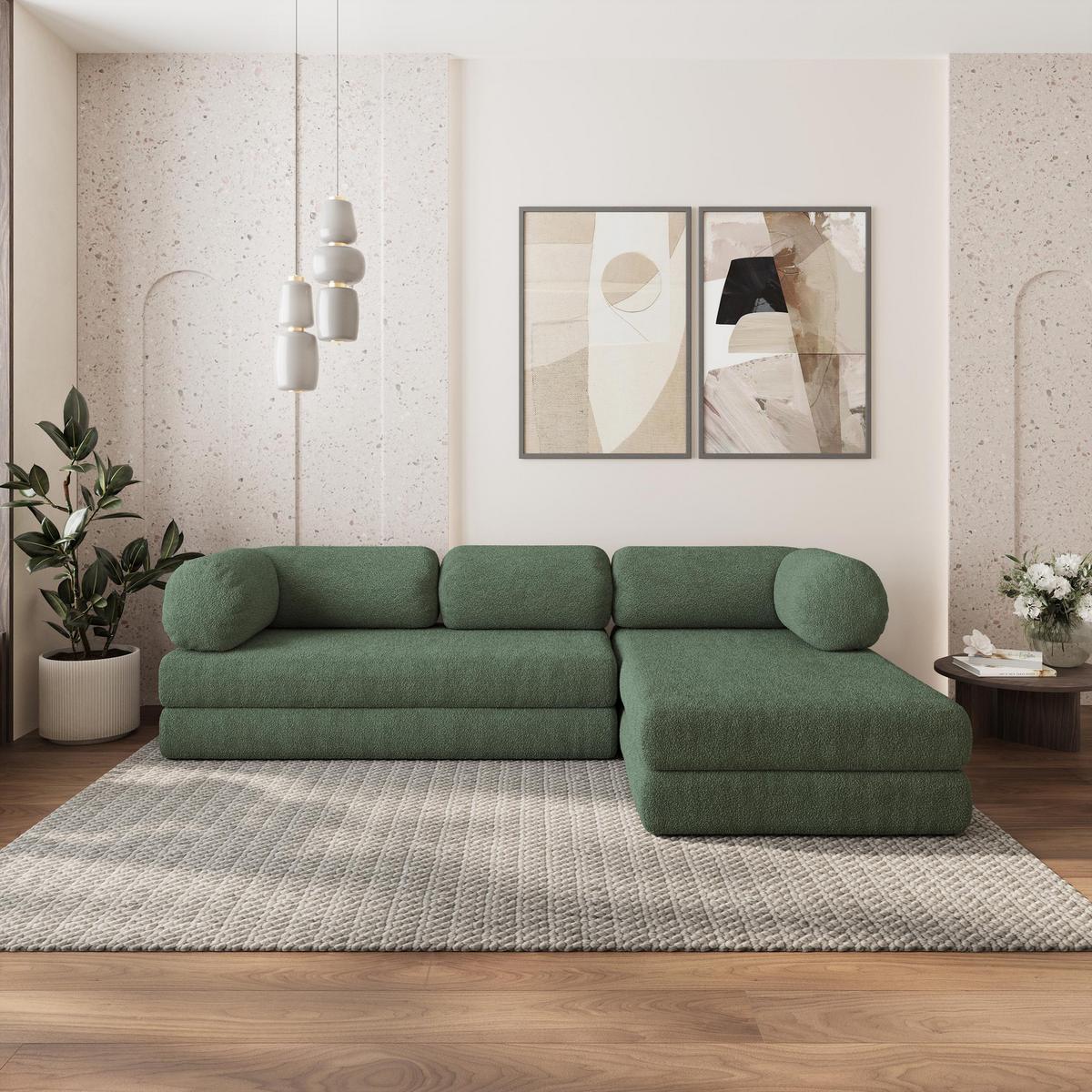 ECKSOFA KELI modulares Boneless Sofa mit Schlaffunktion Grün Boucle-Stoff - Grün, Textil (270/160cm) - MASSENO