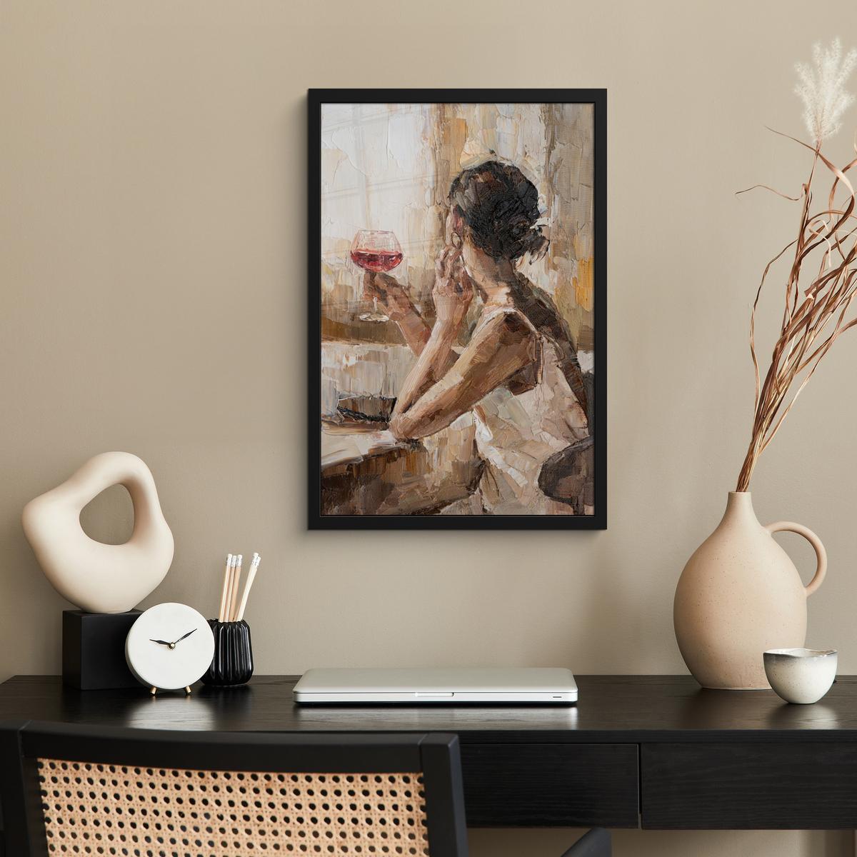 POSTER MIT RAHMENGERAHMTES BILD Ölgemälde - Frau - Wein Bilder mit Rahmen 40x60 cm - Hellbraun, Papier (40/60cm) - MuchoWow