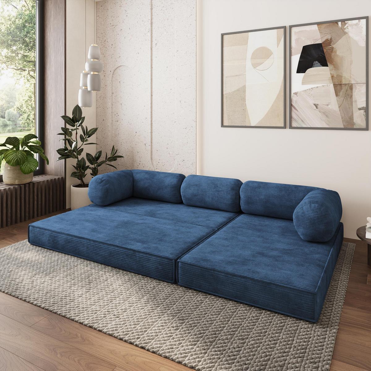 ECKSOFA ETERA modulares Boneless Sofa mit Schlaffunktion Blau Kordstoff - Blau, Textil (270/160cm) - MASSENO