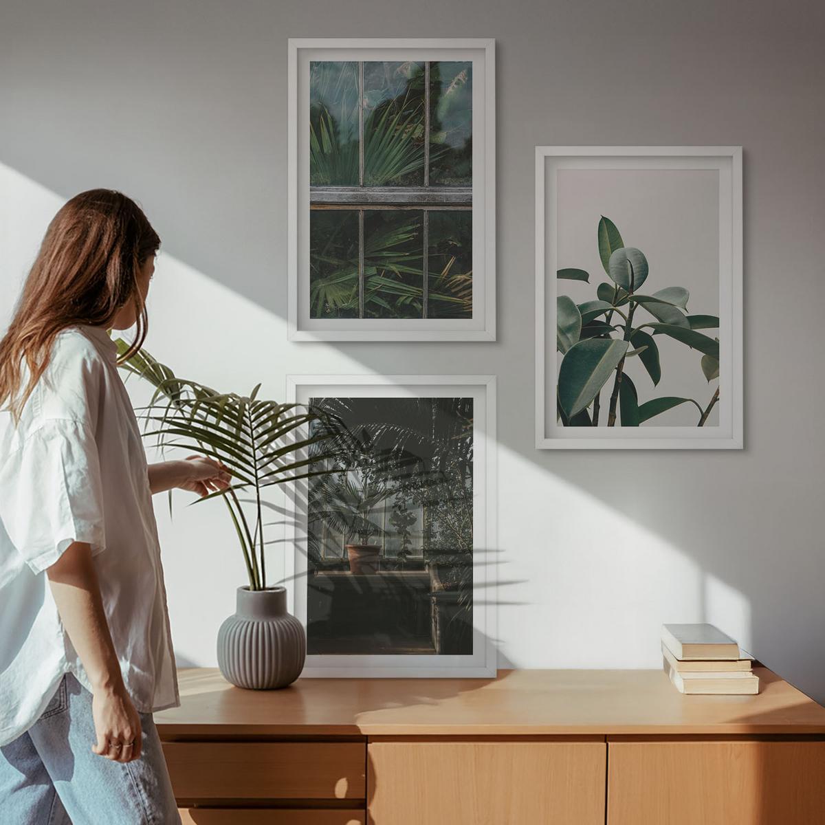 BILDER SET 3er Set - 40x60 cm Weißer Rahmen - Grüne Blätter an der Fensterpflanze - Weiß, Kunststoff (40/60cm) - TULUP