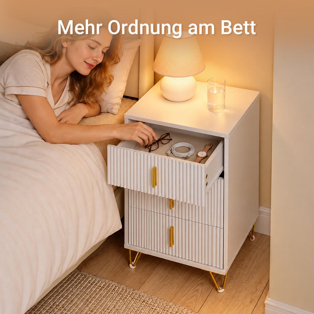 NACHTTISCH mit 3 schubladen, Weiß 40x40x63 cm, im skandinavischen Stil, auch als Beistelltisch - Weiß, Holzwerkstoff/Metall (40/63/40cm) - SoBuy