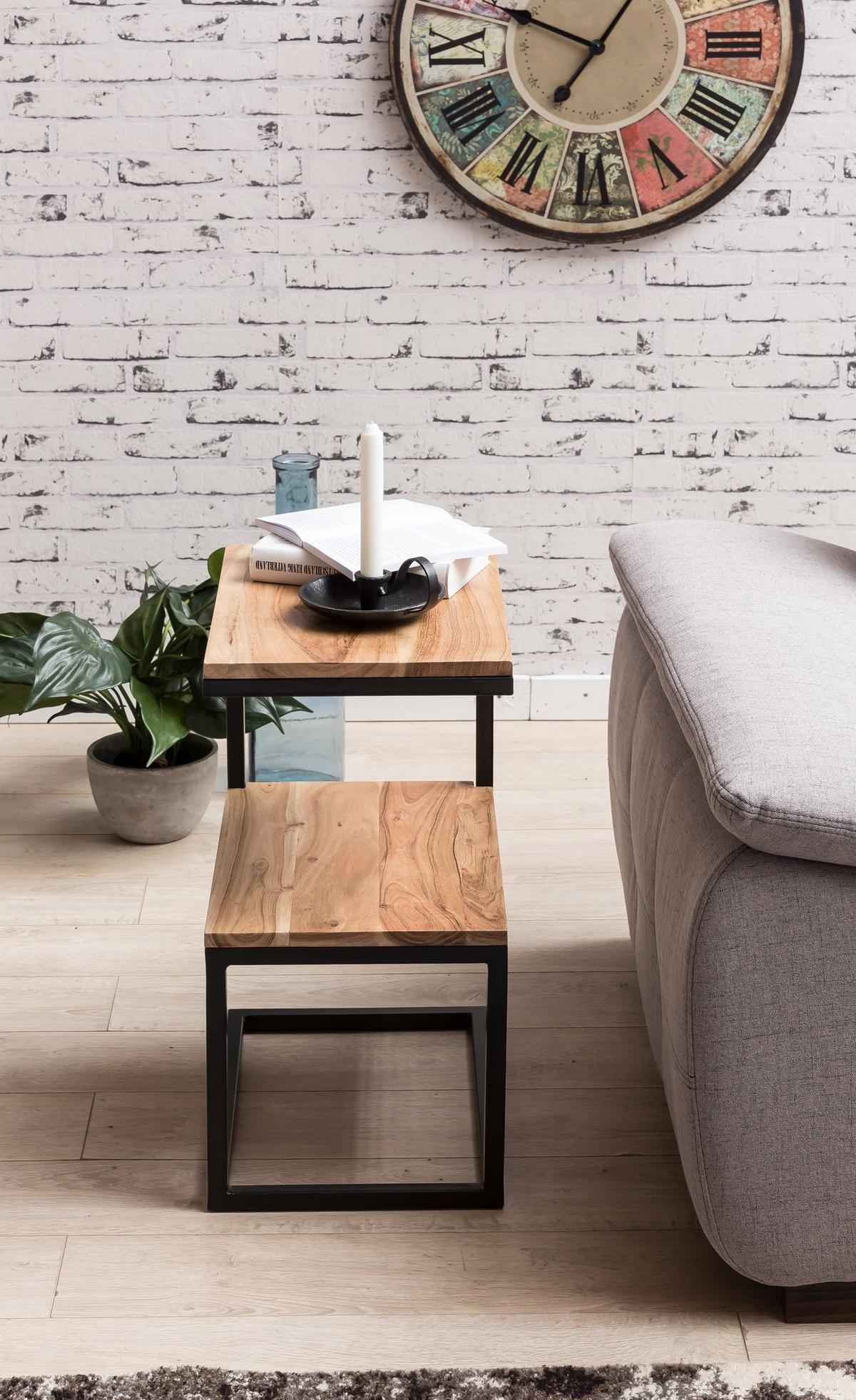 BEISTELLTISCH Massivholz Metall S-Form Landhausstil AKOLA, Akazie 30x45x60 cm - Schwarz/Akaziefarben, Holz/Metall (45/30/60cm) - KADIMA DESIGN