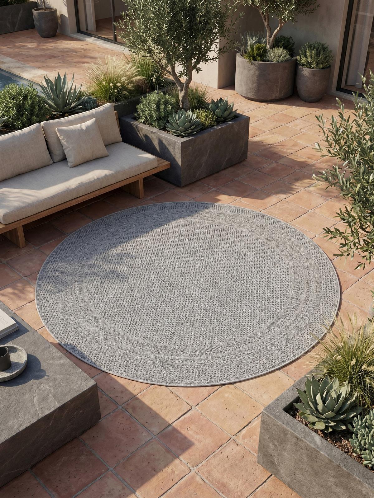 TEPPICH Outdoor VENTOUX in Grau, mit Bordüre, Ø 200 cm - Grau, Textil (200/200cm) - KADIMA DESIGN