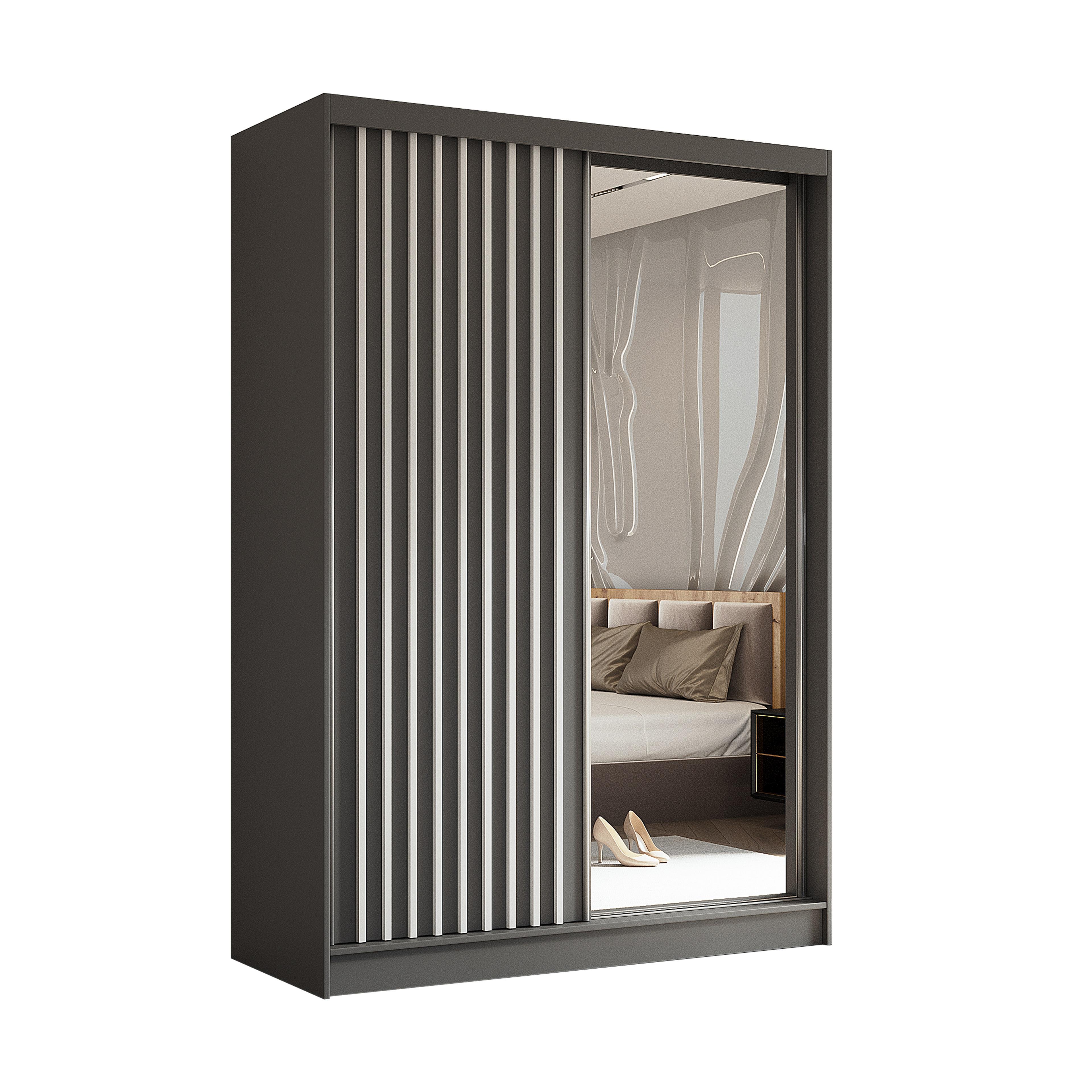 SCHWEBETÜRENSCHRANK LAMELLO 150/216/61 cm 2-türig mit Spiegel Grau - Grau, Holzwerkstoff (150/216/61cm) - MASSENO