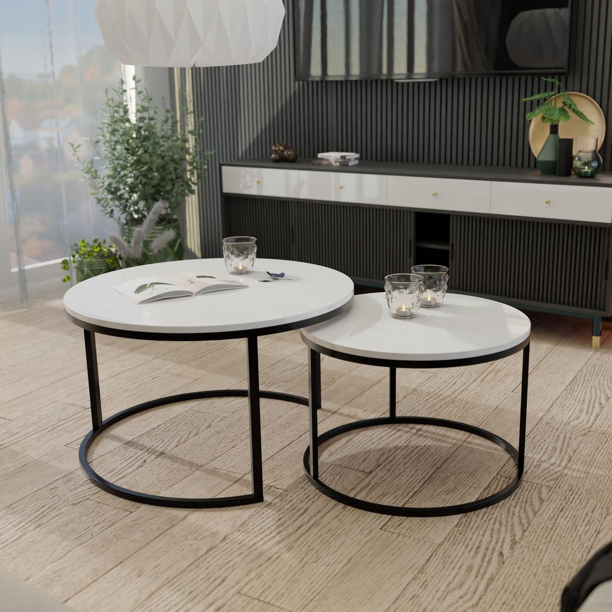 COUCHTISCH rund Groß, Weißglanz, Rahmen Schwarz - Schwarz/Weiß, Holzwerkstoff (80/80/48cm) - Idohome
