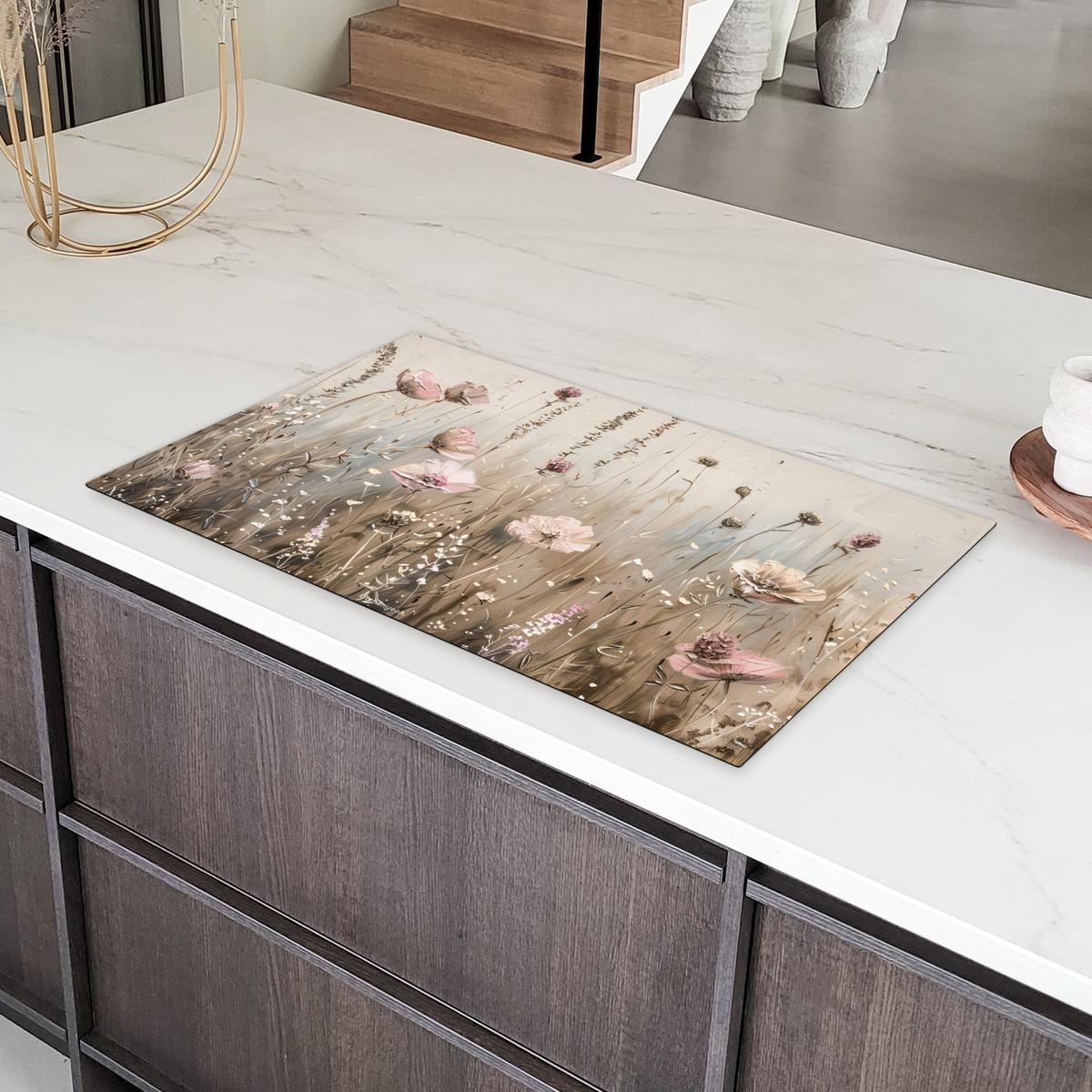 HERDABDECKPLATTE Blumen - Beige - Trockenblumen Induktionsschutz 89.6x51.6 cm - Beige, Kunststoff (89.6/51.6/0.2cm) - MuchoWow