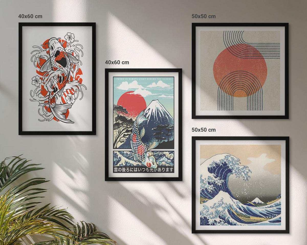 BILDER SET 4er Set - 50x50 cm & 40x60 cm Schwarzer Rahmen - Illustrationen von Fischbergen, die sich in Japan ausbreiten - Schwarz, Kunststoff (50/50cm) - TULUP