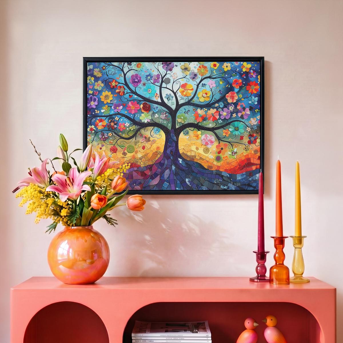 LEINWAND Bilder mit Rahmen - Kunst - Baum des Lebens - Blumen - Hippie - 40x30 - Dunkelblau, Textil (40/30cm) - MuchoWow
