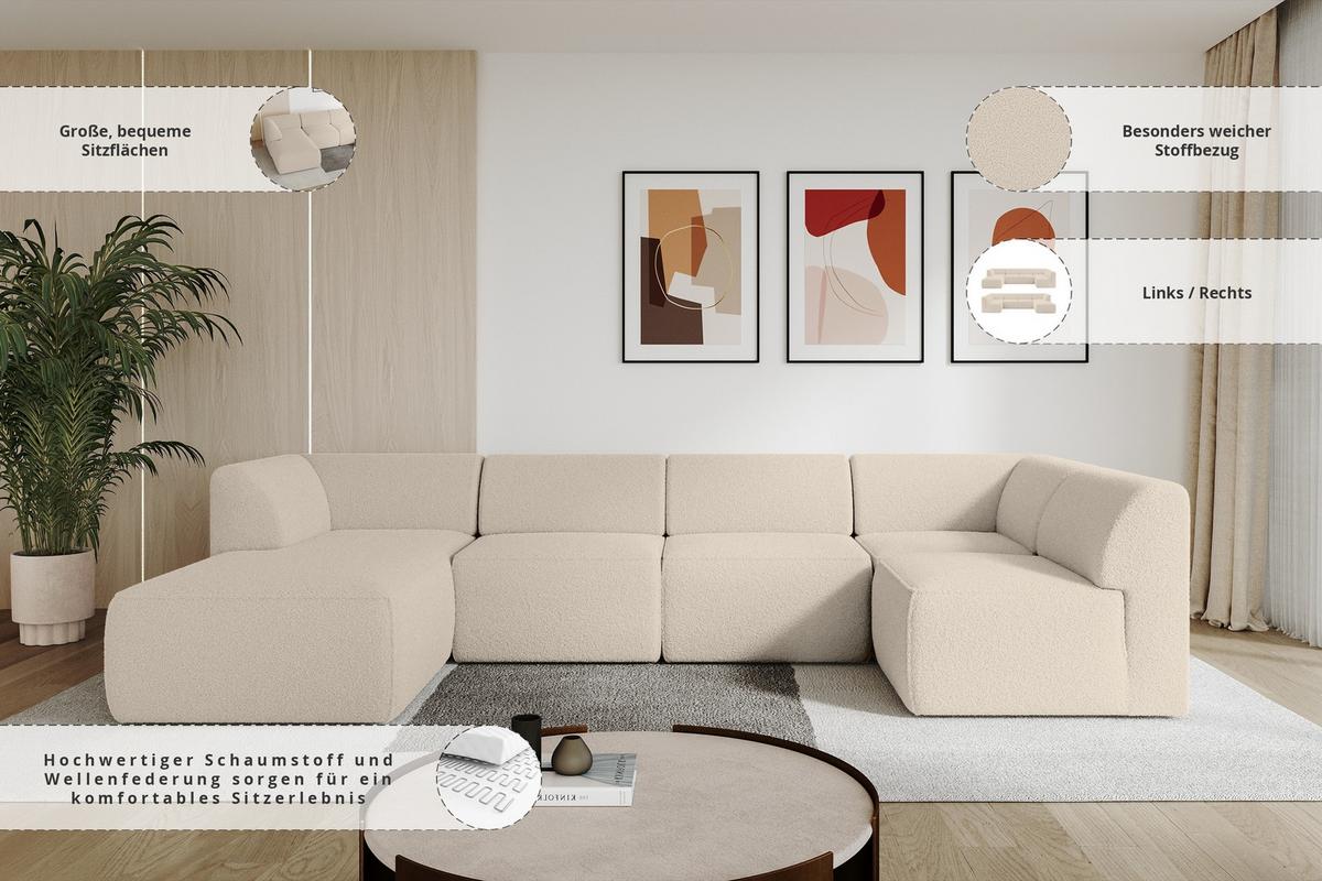 WOHNLANDSCHAFT Ottomane Links MOVO-L 345x180x78 cm Dunkelbegie Bouclé - Cappuccino, Holzwerkstoff/Kunststoff (345/78/180cm) - ALTDECOR