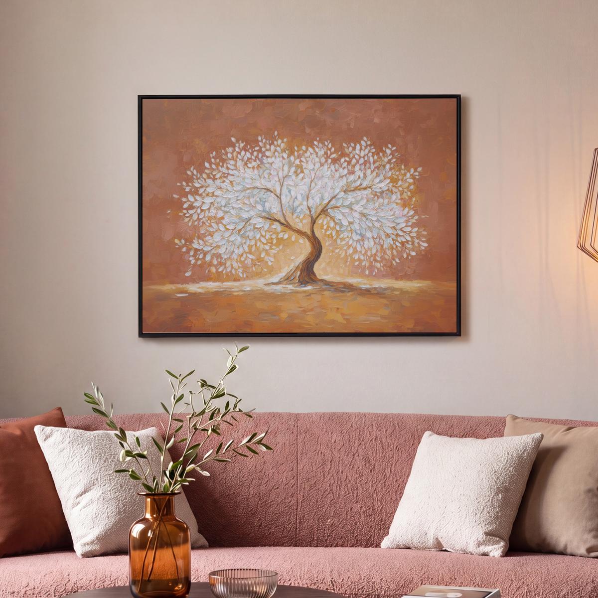 LEINWAND Bilder mit Rahmen - Abstrakt - Baum - Weiß - Blätter - 80x60 - Braun, Textil (80/60cm) - MuchoWow