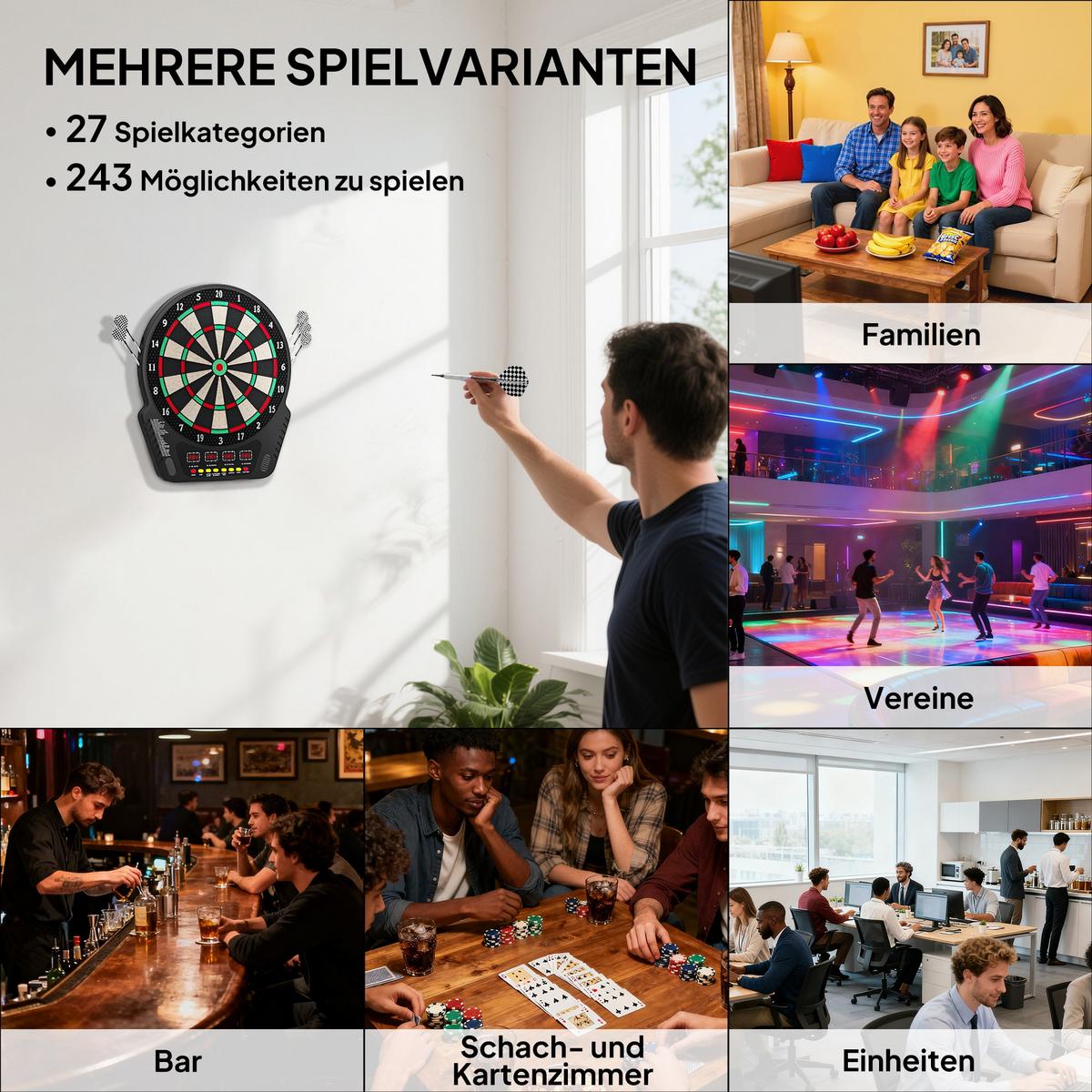 ELEKTRONISCHE Dartscheibe Dartboard Soundeffekte LED Anzeige 27 Spiele - Schwarz, Kunststoff (51.5/44cm) - HOMCOM