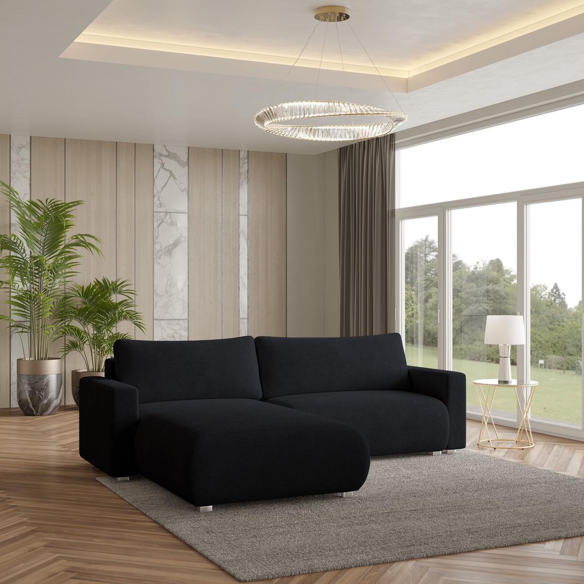 ECKSOFA TURIN N Schwarz Bucle-Stoff mit Schlaffunktion - Schwarz/Grau, Holz/Kunststoff (265/183cm) - MASSENO