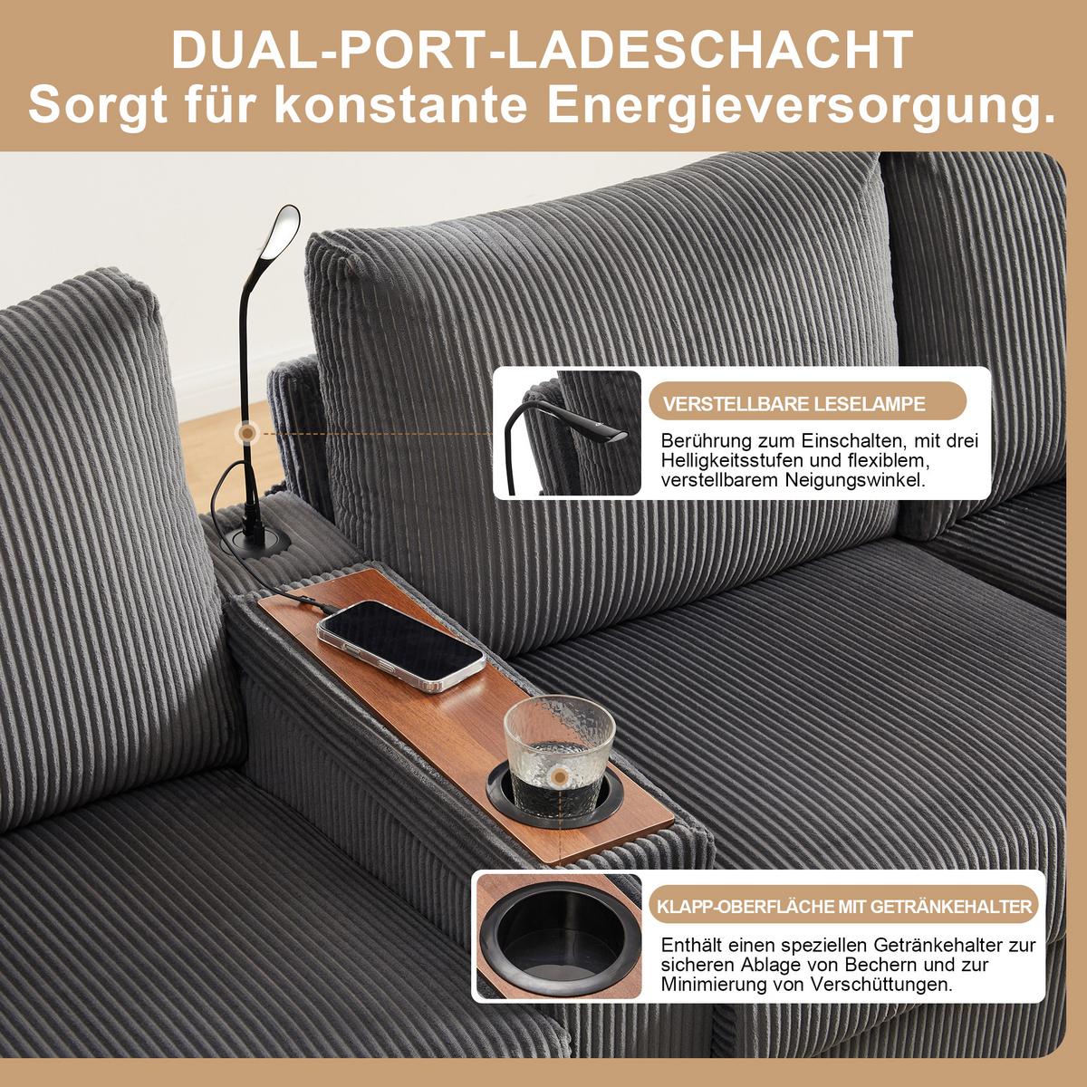 ECKSOFA aus Cord in Grau mit LED-Beleuchtung & smarten USB-Anschlüssen - Grau, Textil (128.5/334cm) - Urban Meuble