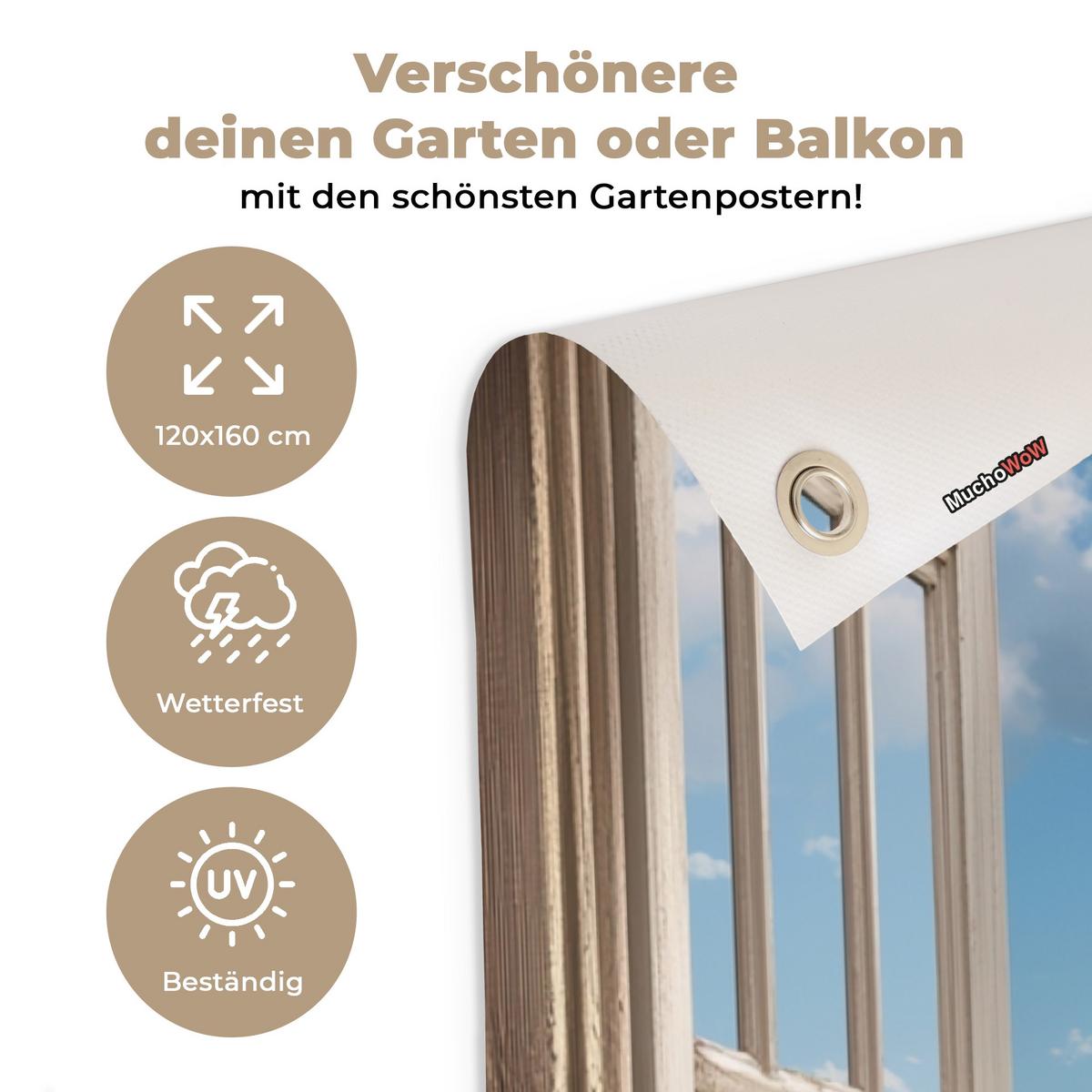 GARTENPOSTER Aussicht - Strand - Fenster - Dünen - Meer Gartendekoration 120x160 cm - Hellblau, Kunststoff (120/160/0.2cm) - OnlyWow
