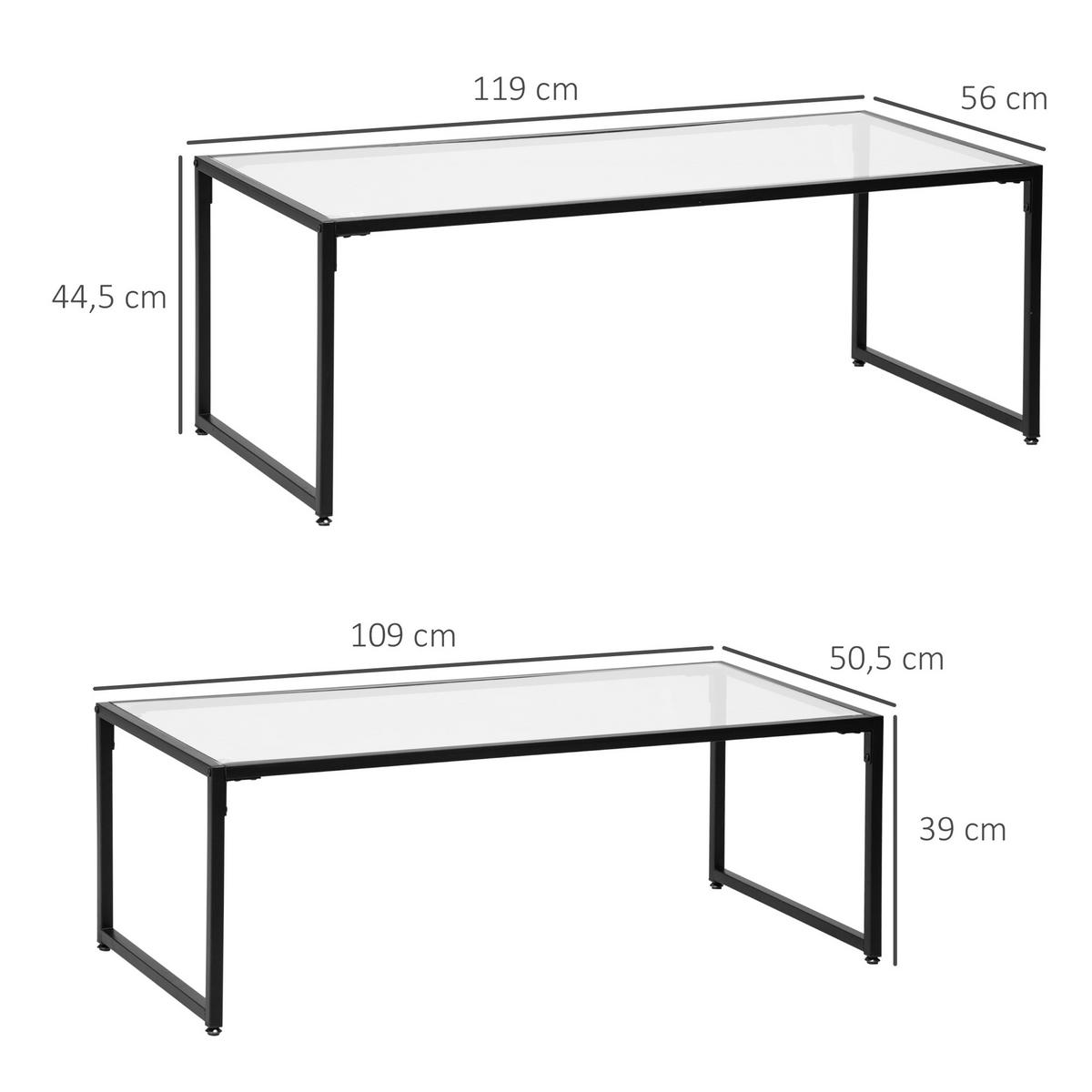 COUCHTISCH 2er-Set Beistelltisch, Kaffeetisch, Satztisch, Glastisch, Stahl - Transparent, Glas/Metall (119/56/44.5cm) - HOMCOM