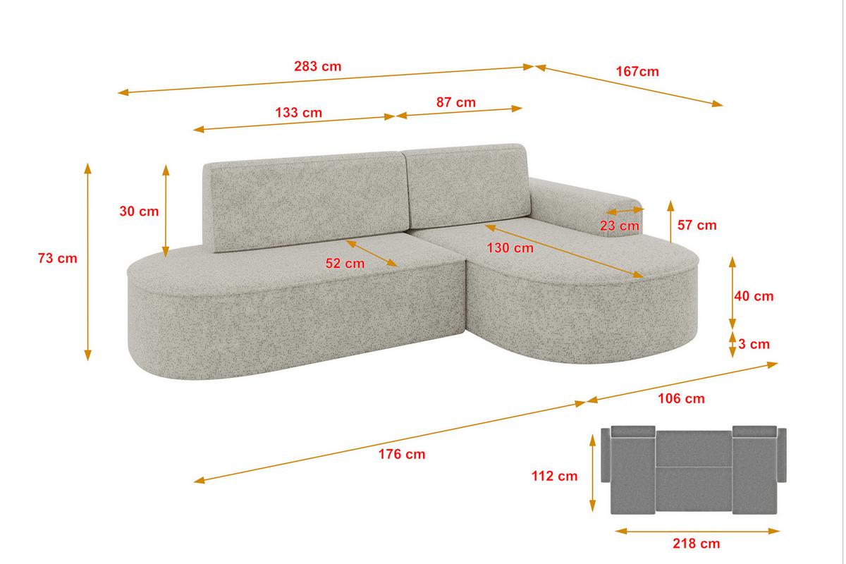 ECKSOFA mit Schlaffunktion und Bettkasten Ottomane Rechts MARI-L1-S - 283x167x73 cm Hellgrau Tissu - Hellgrau/Schwarz, Holzwerkstoff/Kunststoff (167/283cm) - ALTDECOR