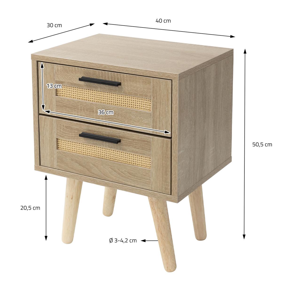 NACHTTISCH 2er Set mit 2 Schubladen 40x50,5x30 cm Eiche Optik Rattanfront - Beige, Holzwerkstoff (30/50.5/40cm) - ML-DESIGN