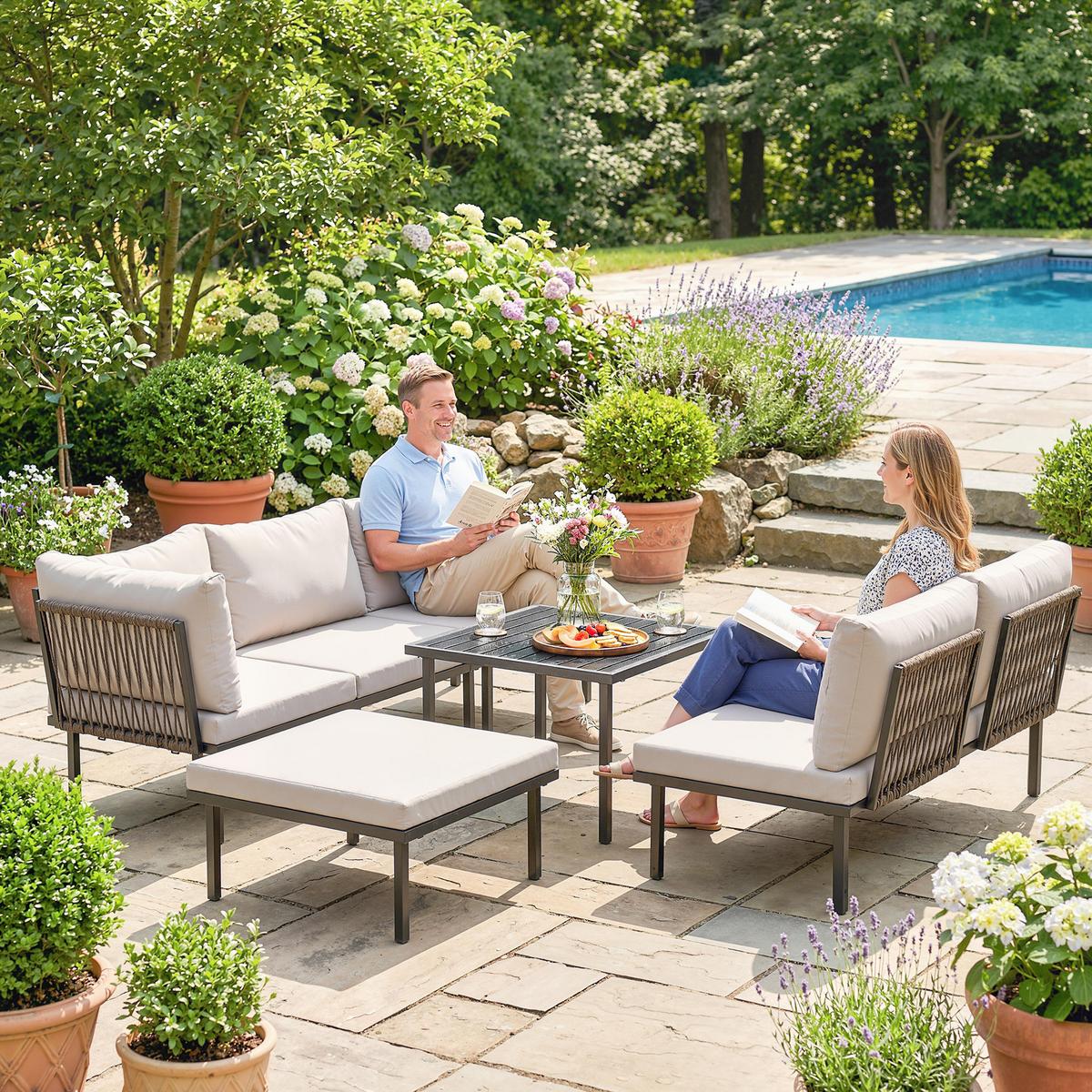 GARTENLOUNGE-SET 6er Set Metall Polyester Hellgrau - Hellgrau/Schwarz, Textil/Metall - Outsunny