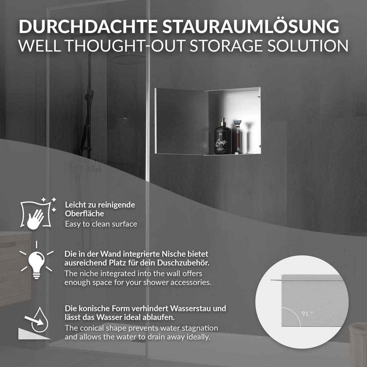 DUSCHNISCHE Edelstahl gebürstet mit befliesbarer Tür Silber 25,5/25,5 cm - Silberfarben, Metall (30/10/30cm) - LuxeBath