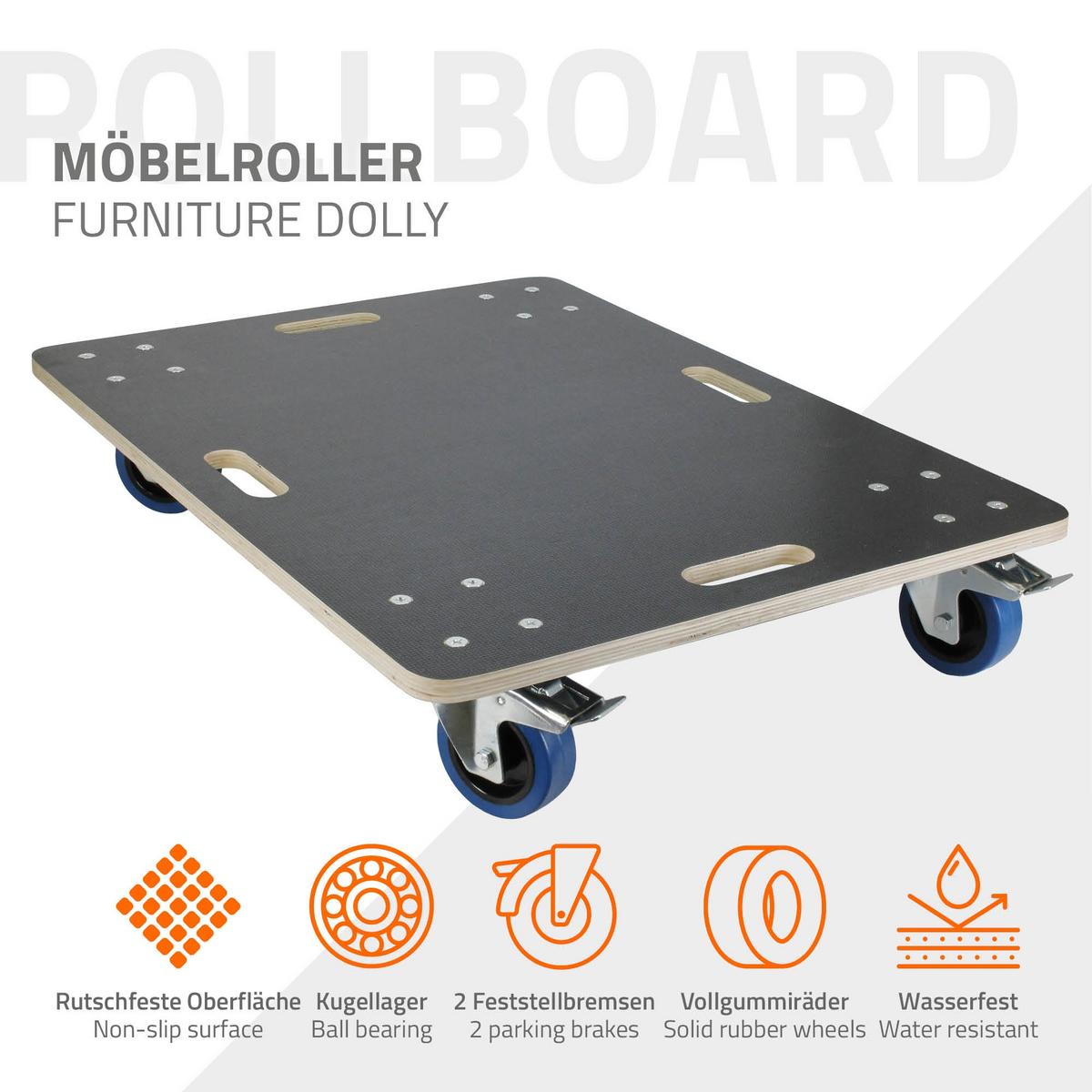 TRANSPORTROLLER 2er Set mit 4 Rollen 2 mit Bremsen 60x80 cm Traglast 800kg Siebdruck Holzplatte Black - Dunkelgrau, Holzwerkstoff (80/60/14.5cm) - ECD-Germany