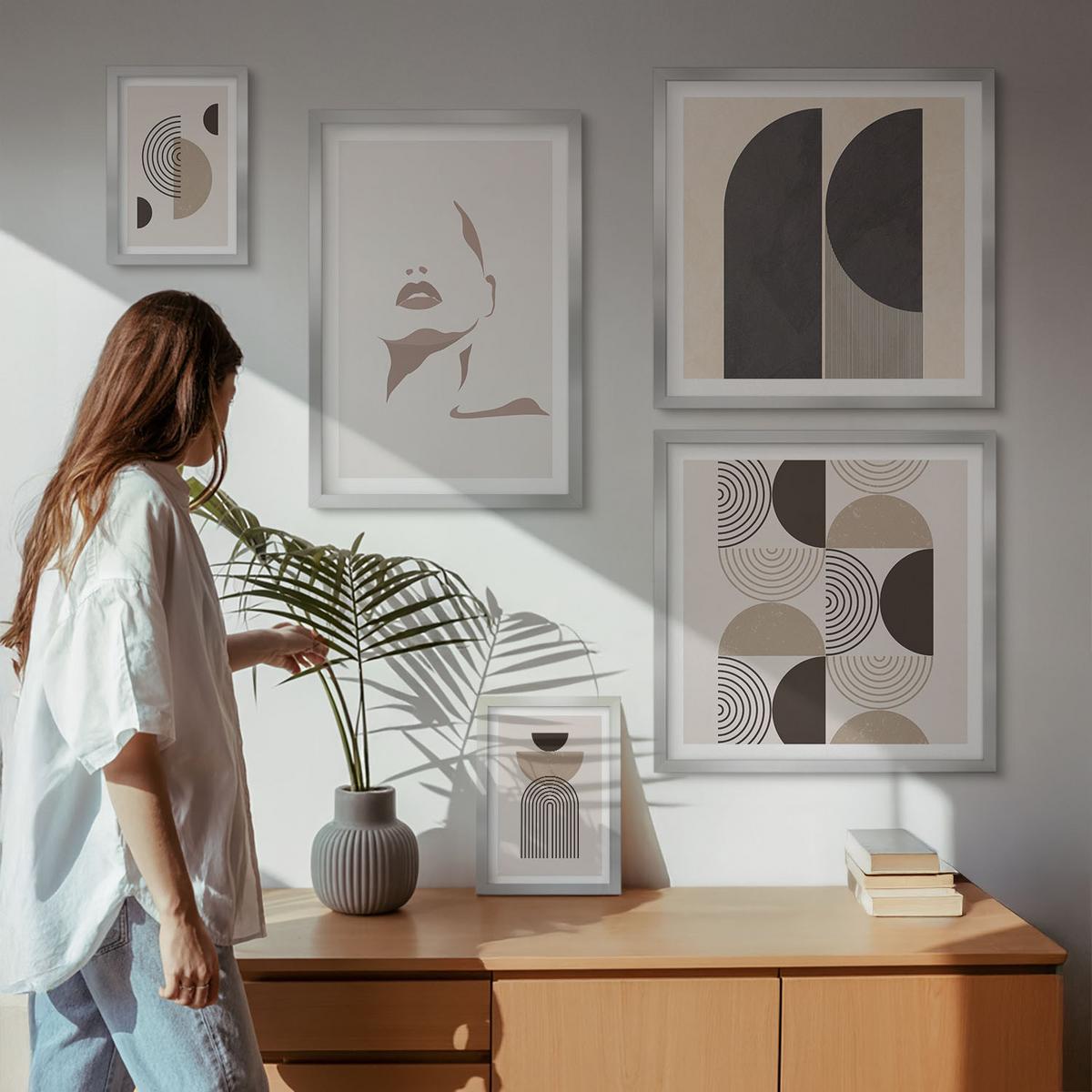 BILDER SET 5er Set - 50x50 cm & 20x30 cm & 40x60 cm Silberner Rahmen - Abstrakte Gesichtsformen - Silberfarben, Kunststoff (40/60cm) - TULUP