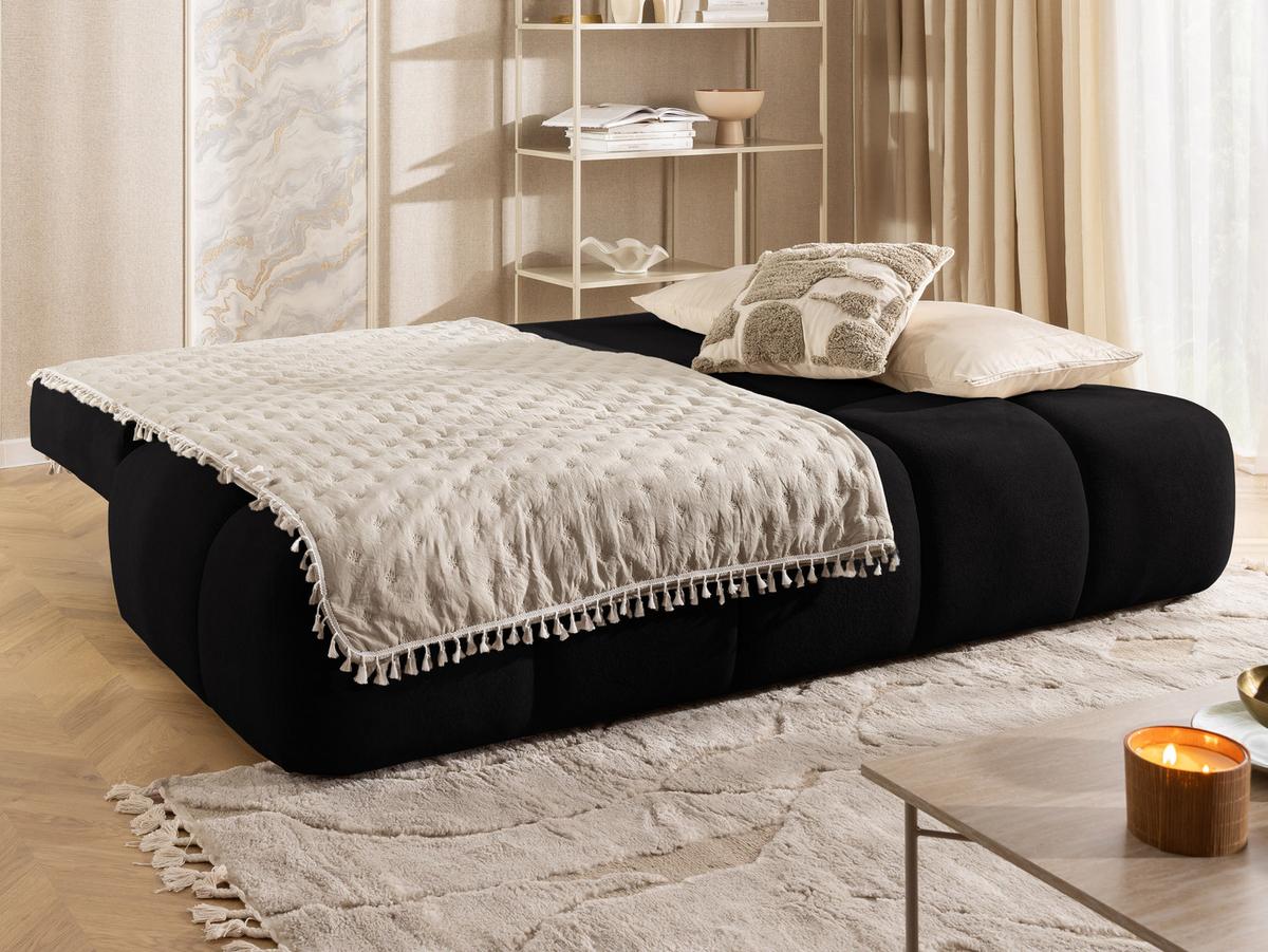 SCHLAFSOFA Belluno aus hochwertigem Schwarz Plüschstoff mit Bettkasten und tiefen Steppungen in Bubble-Optik - Schwarz, Holz/Kunststoff (205/87/105cm) - S-Style