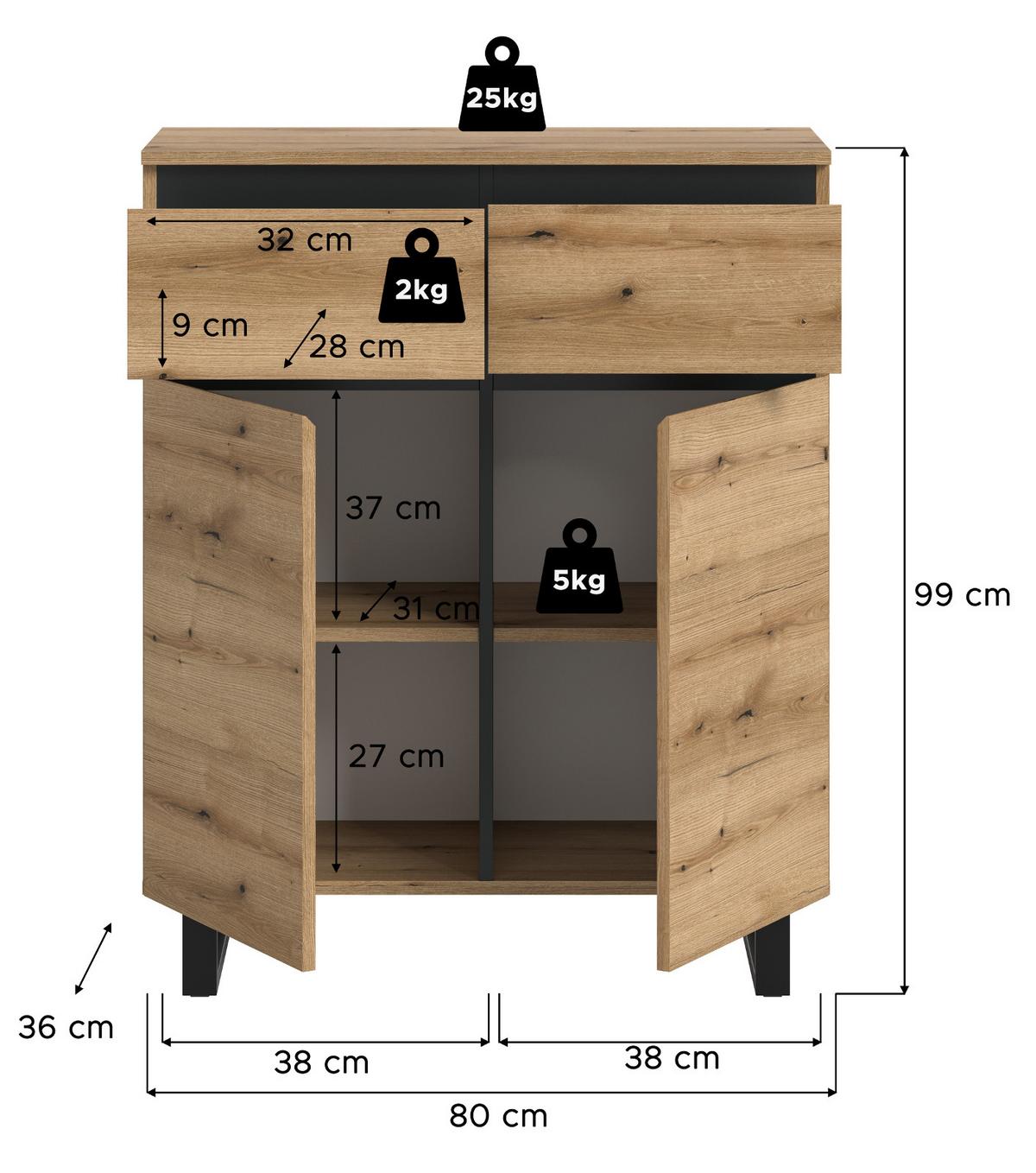 KOMMODE Evoke Eiche, schwarz, Highboard 80 x 99 cm mit Vollauszug und Soft-Close - Eichefarben/Schwarz, Holzwerkstoff/Metall (80/99/36cm) - Inn.Furn