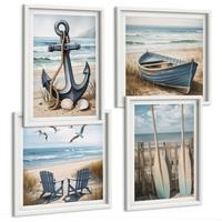 BILDER SET 4er Set - 50x50 cm & 40x60 cm Weißer Rahmen - Anker, Boot, Ruder, Strand - Weiß, Kunststoff (50/50cm) - TULUP