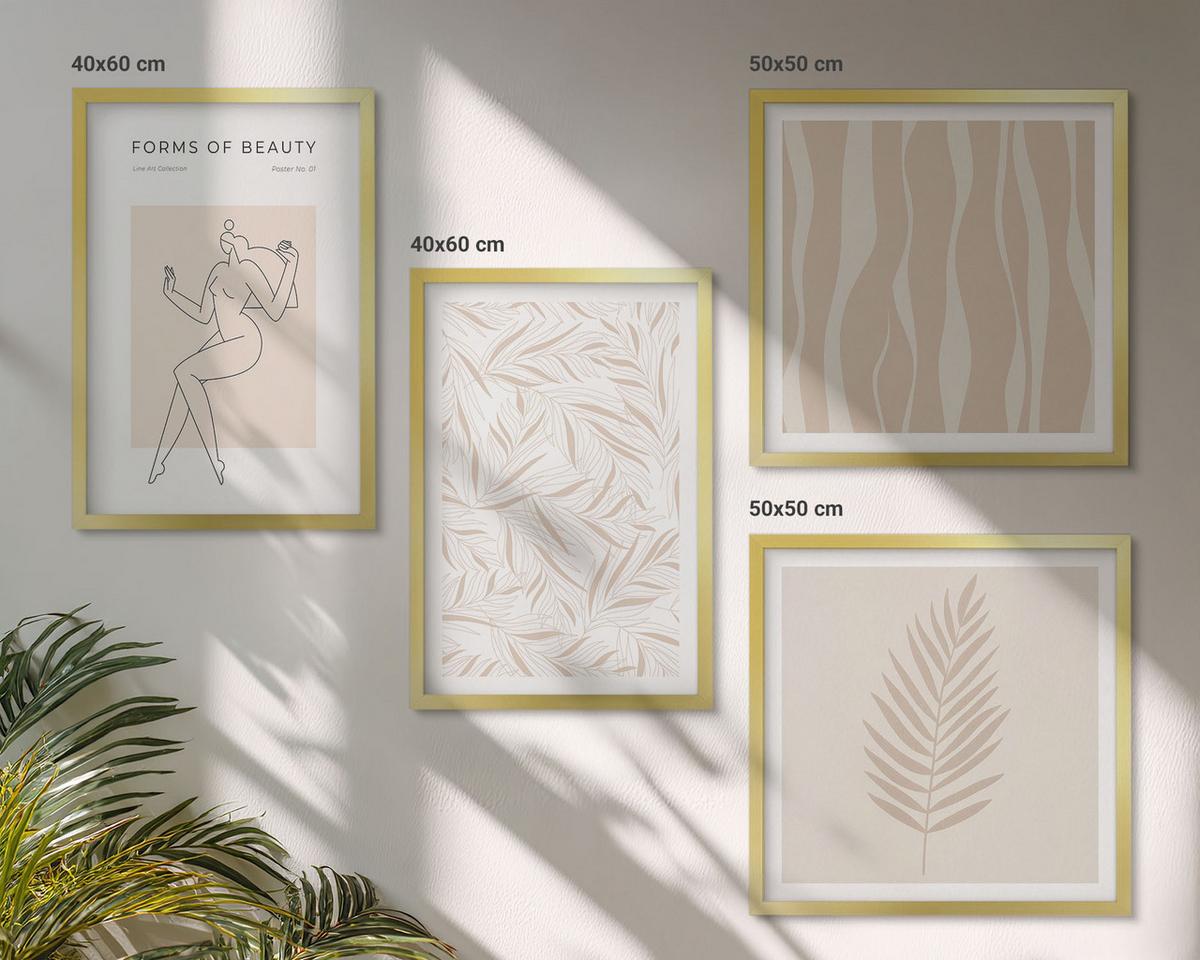 BILDER SET 4er Set - 50x50 cm & 40x60 cm Goldrahmen - Minimalistische Pflanzenmotive - Goldfarben, Kunststoff (50/50cm) - TULUP